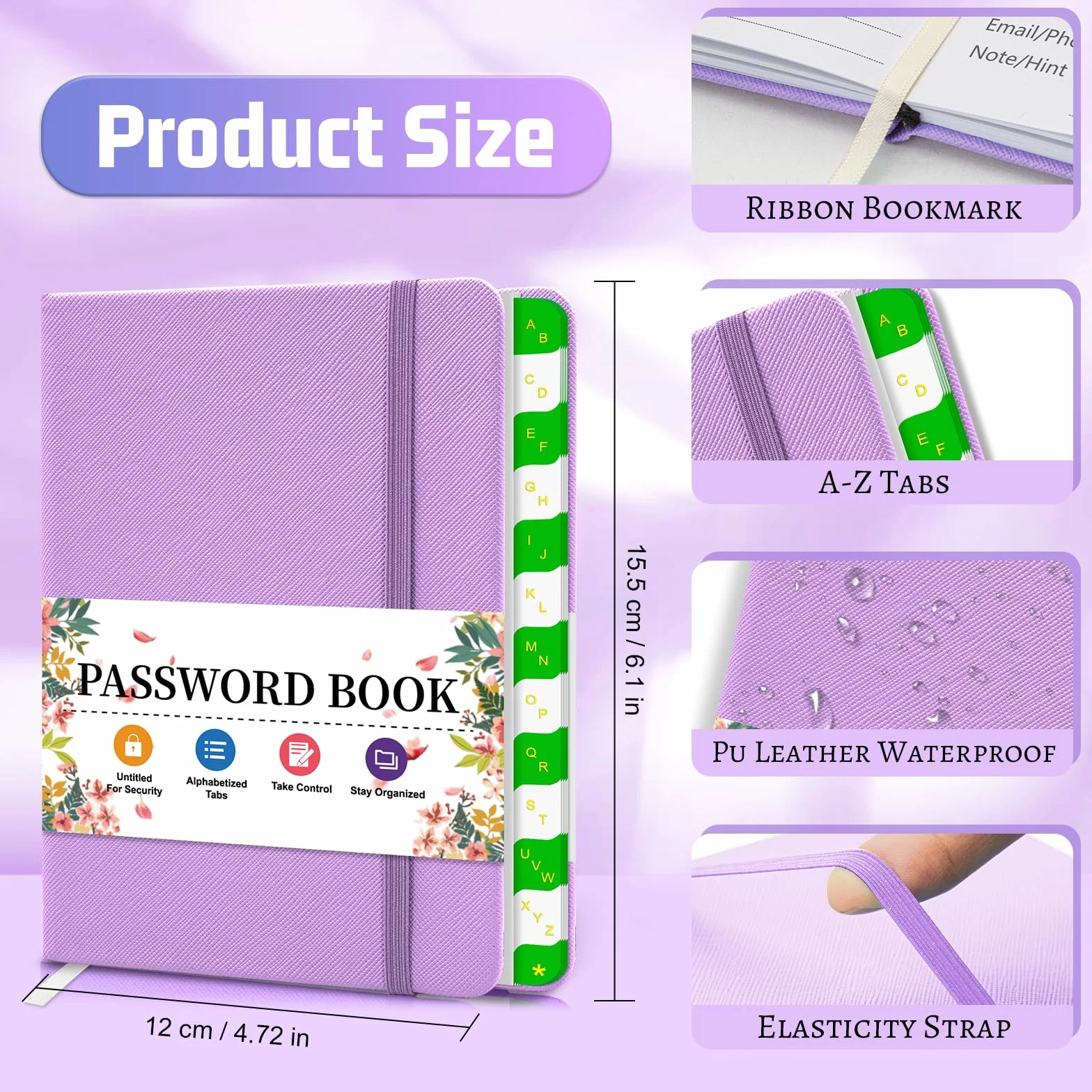 Livre de mots de passe avec onglets alphabétiques, couverture rigide, bleu foncé et violet