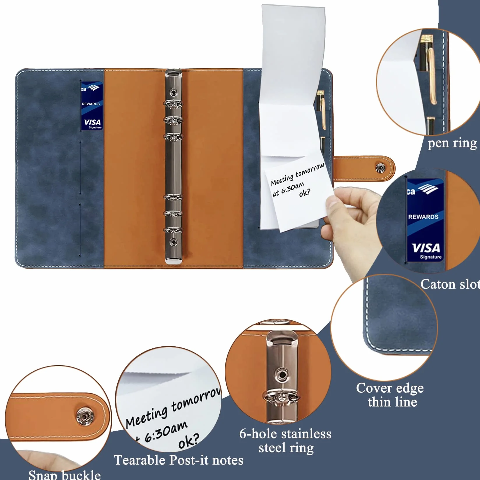Carnet à Anneaux A5 Rechargeable PU Cuir pour Travail Voyage Organisateur Cadeau Bleu