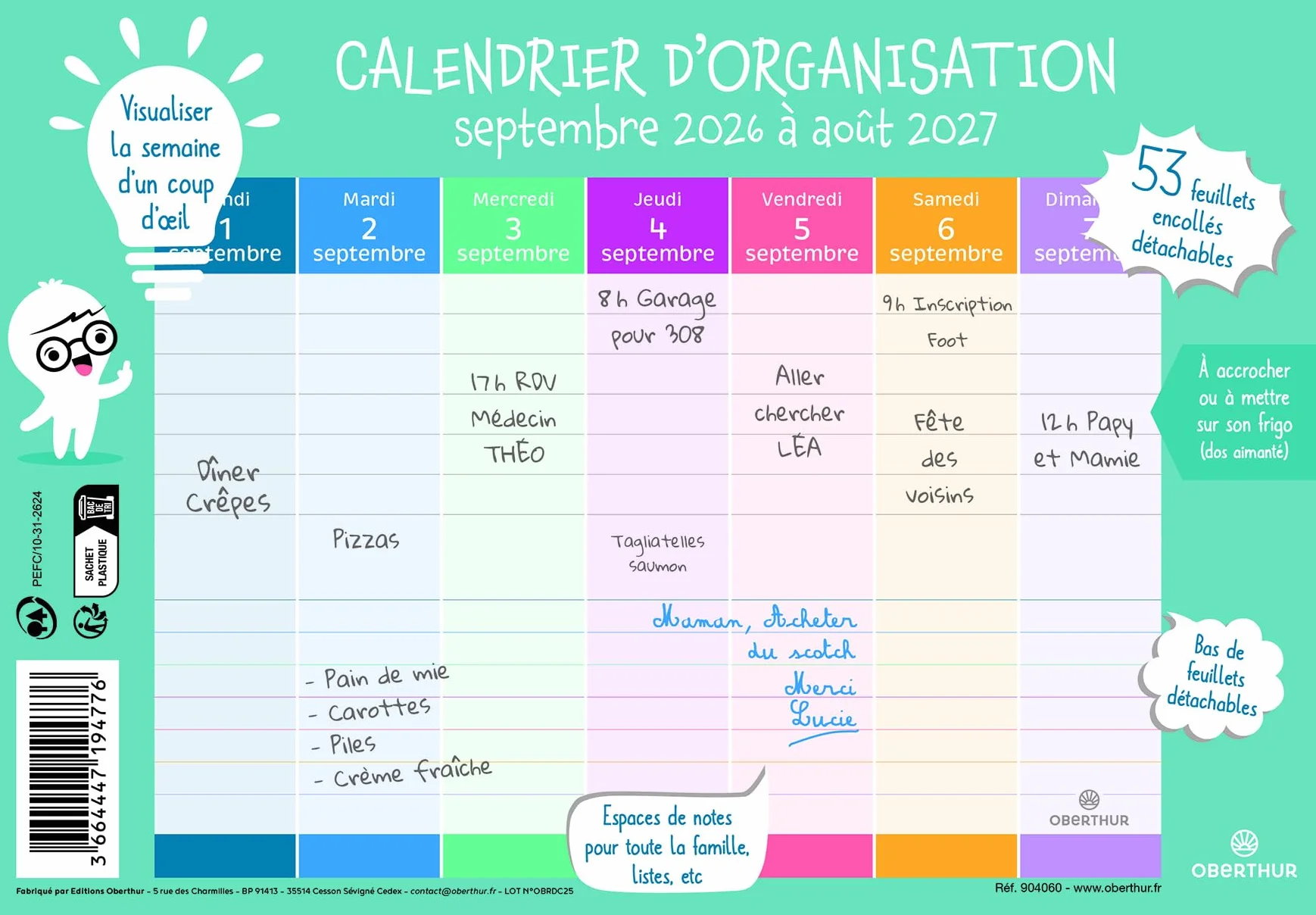 Oberthur Calendrier d'organisation 18 x 23 cm Septembre 2026 à Août 2027