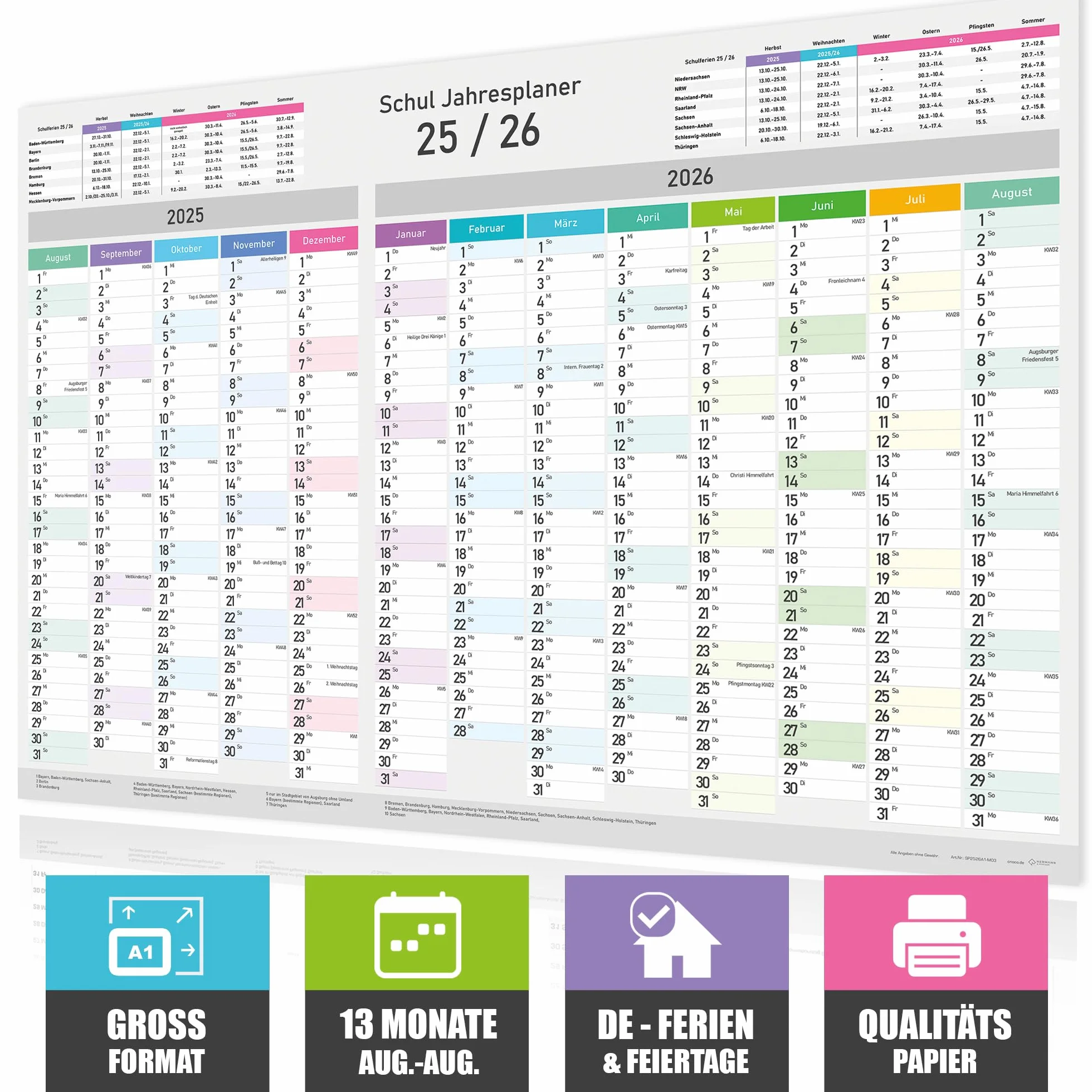 Calendrier scolaire XXL 2025/2026 mural A1 84 x 59 cm planificateur annuel avec semaines jours fériés vacances