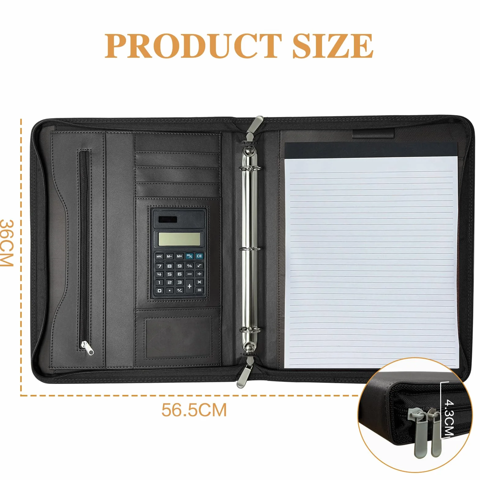 Porte Document à anneaux en O, Portfolio en Cuir PU avec Calculatrice, Noir