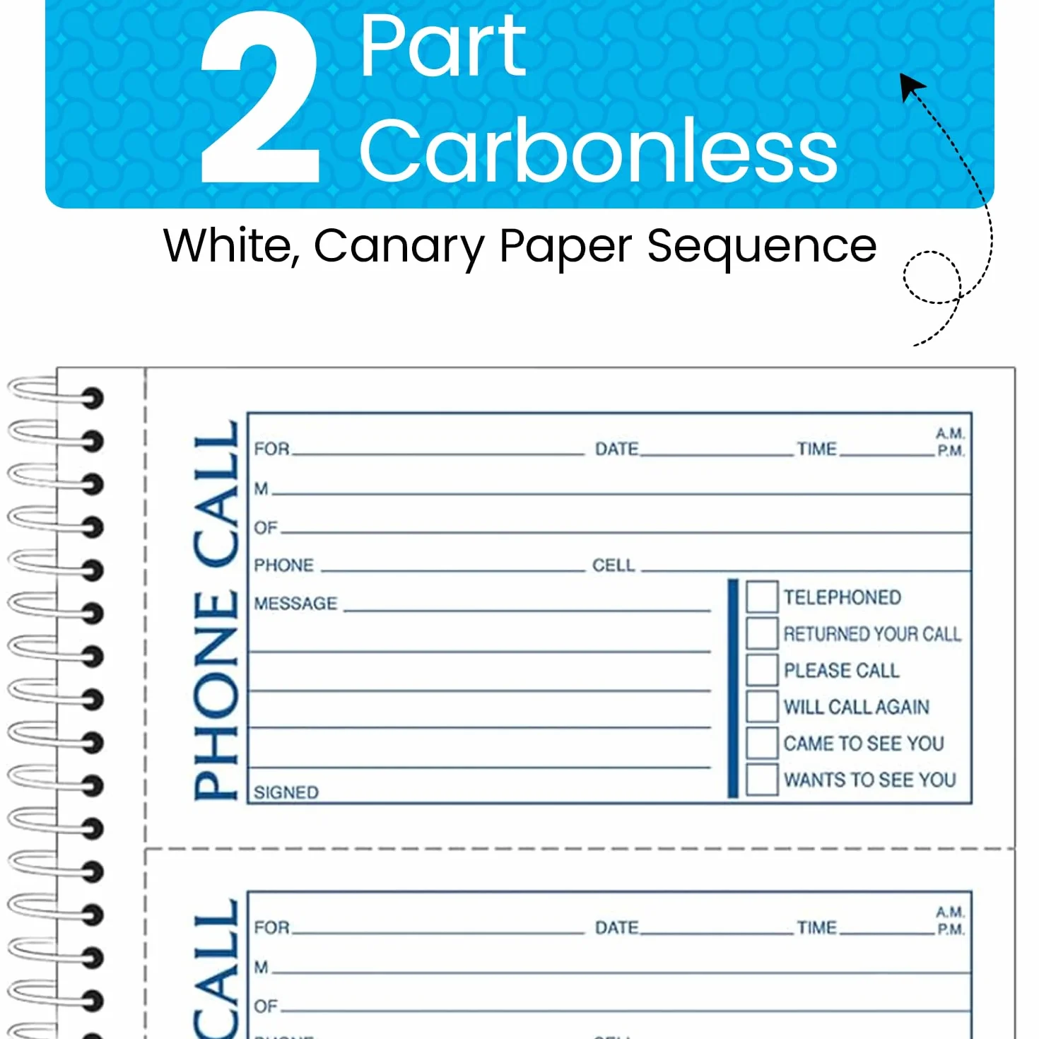 Adams Carnet de messages téléphoniques 13 x 28 cm Reliure spirale 2 parties Sans carbone 4 messages par page 400 ensembles Lot de 2 Blanc et Canari