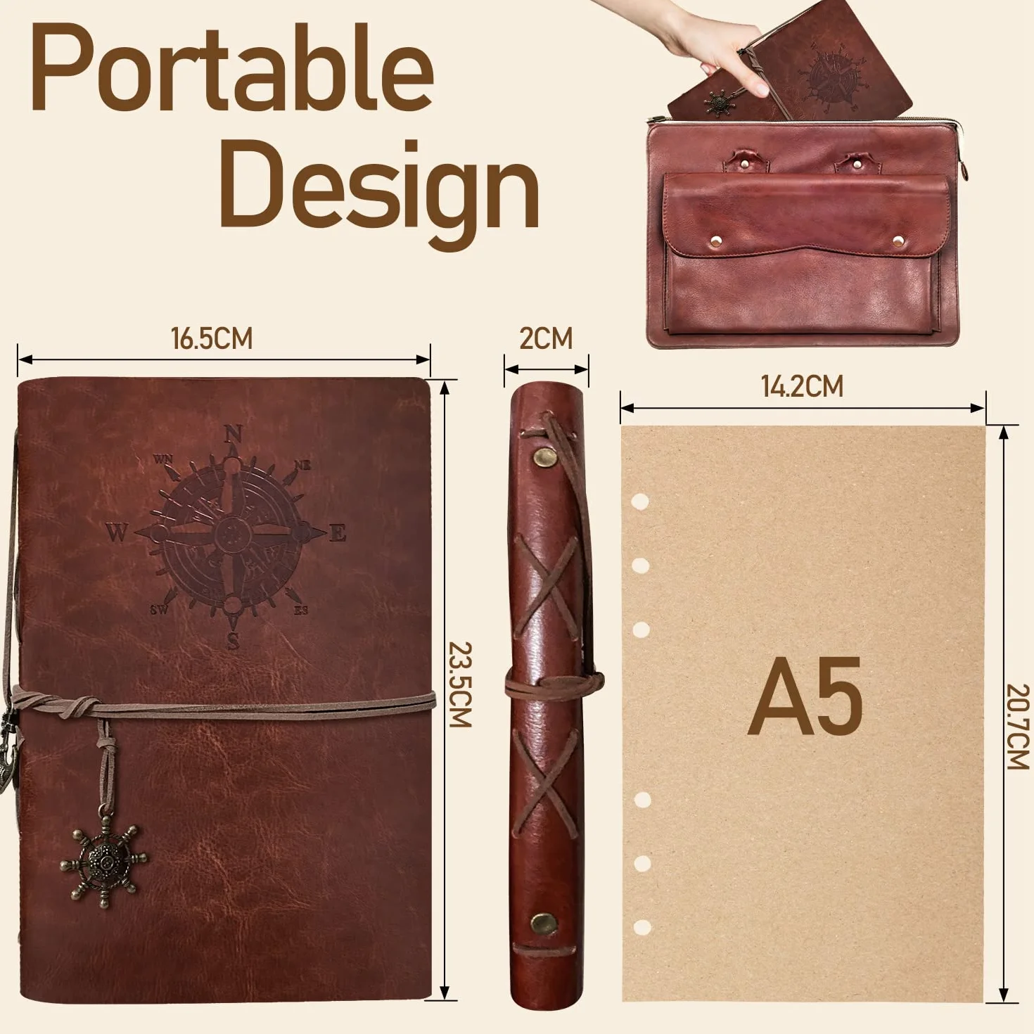 Carnet de Notes A5 Cuir Synthétique Rechargeable Vintage Journal Voyage Croquis Marron
