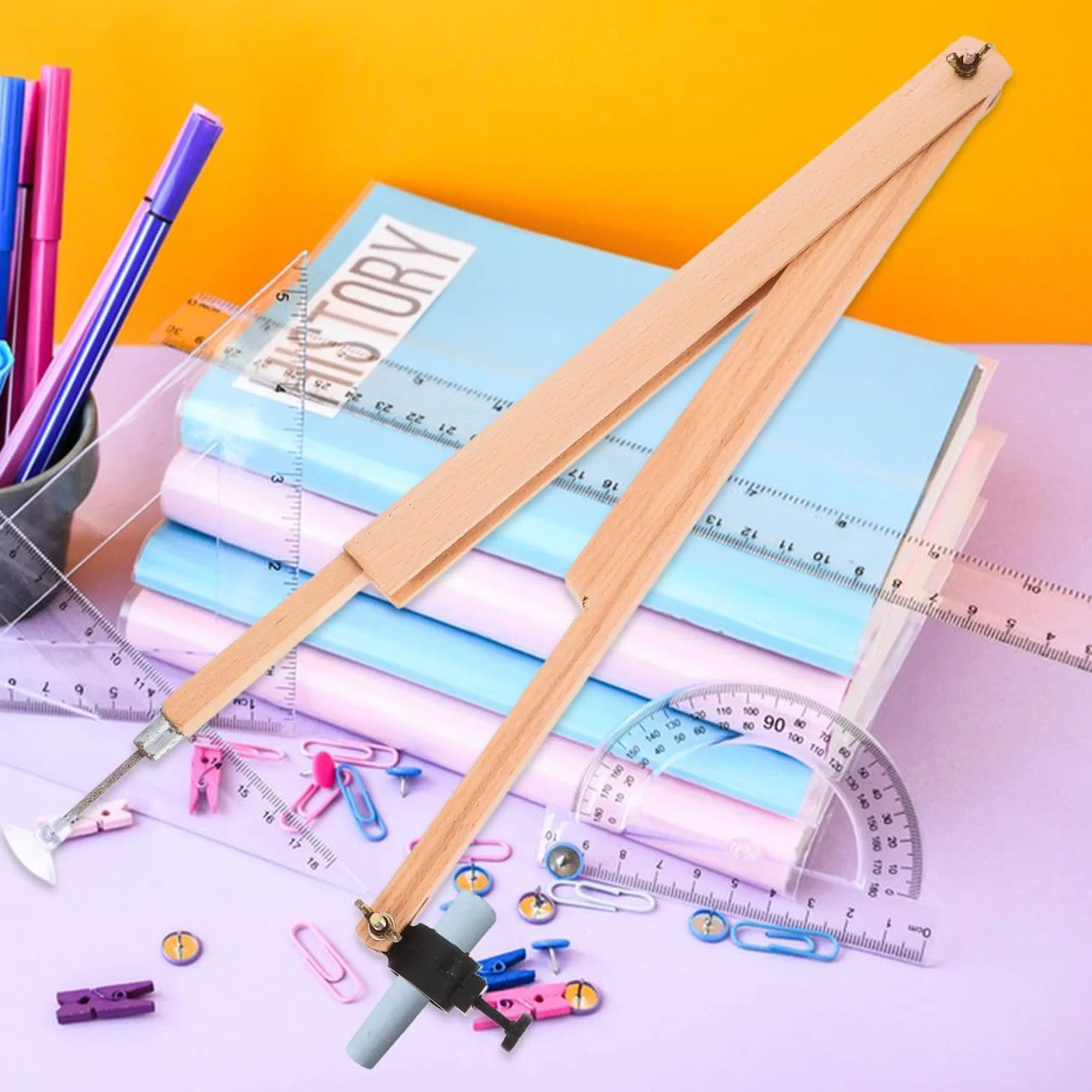 Angoily Boussole Pédagogique En Bois Compas À Dessin Grand Rayon Avec Porte-Stylo Pour Cours De Mathématiques