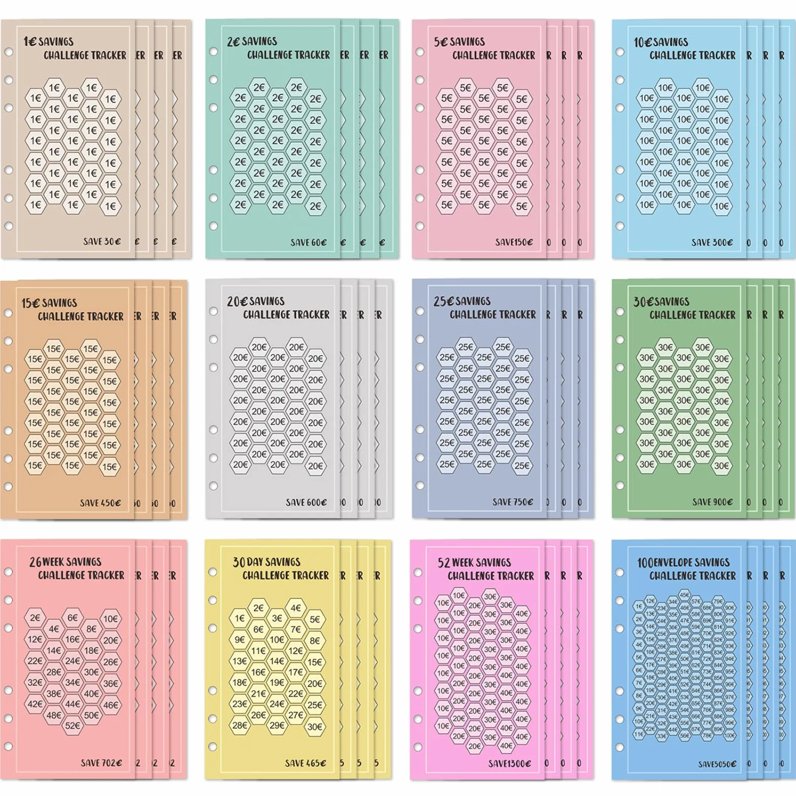 Classeur Budget Planner A6 48 Pièces Défi Économie d'Argent 1€ 2€ 5€ 10€ 15€ 20€ 25€ 30€ 30 Jours 26 Semaines 52 Semaines 100 Jours