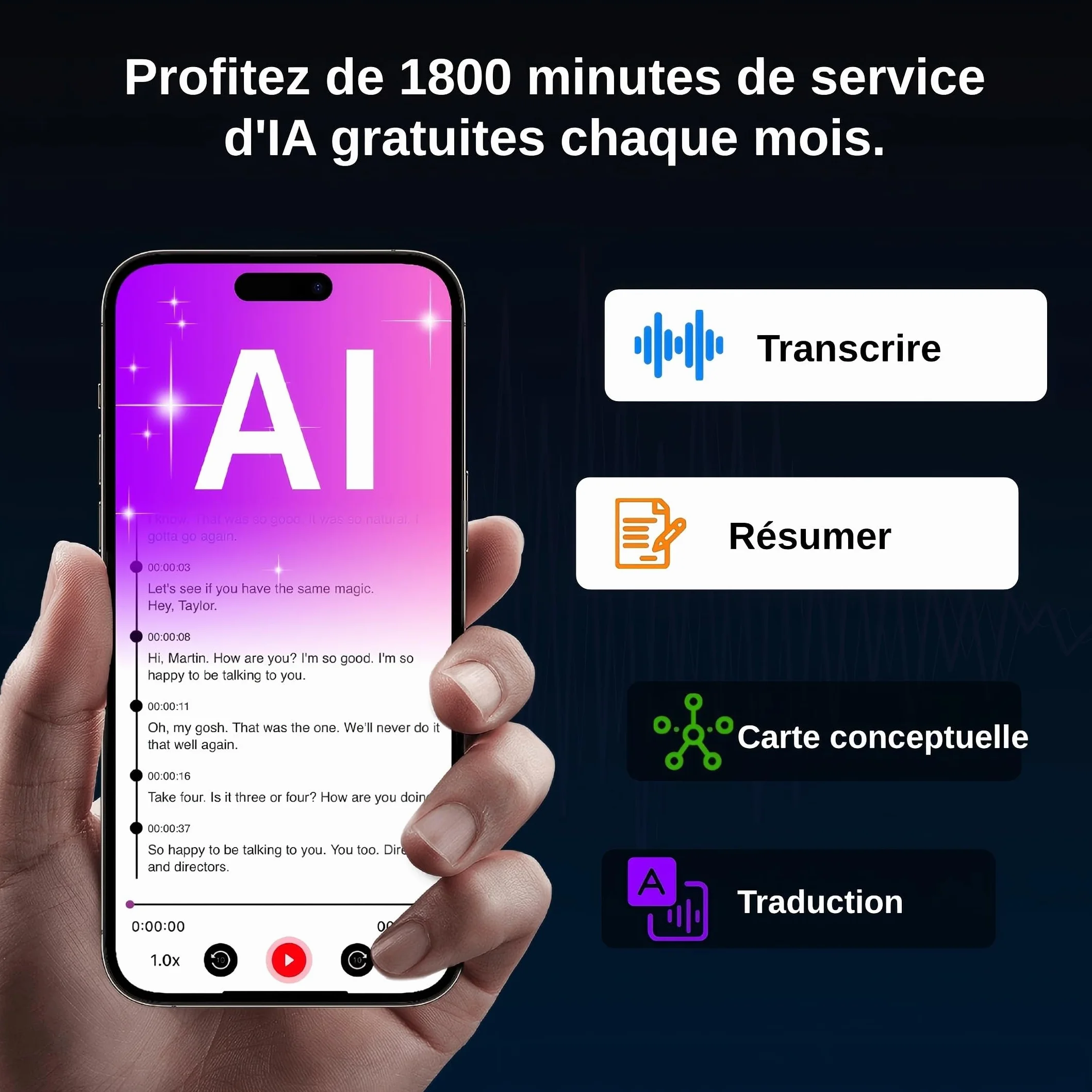 Dictaphone avec transcription AI, enregistreur audio FOCASE REC AI, mini enregistreur vocal 64 Go noir