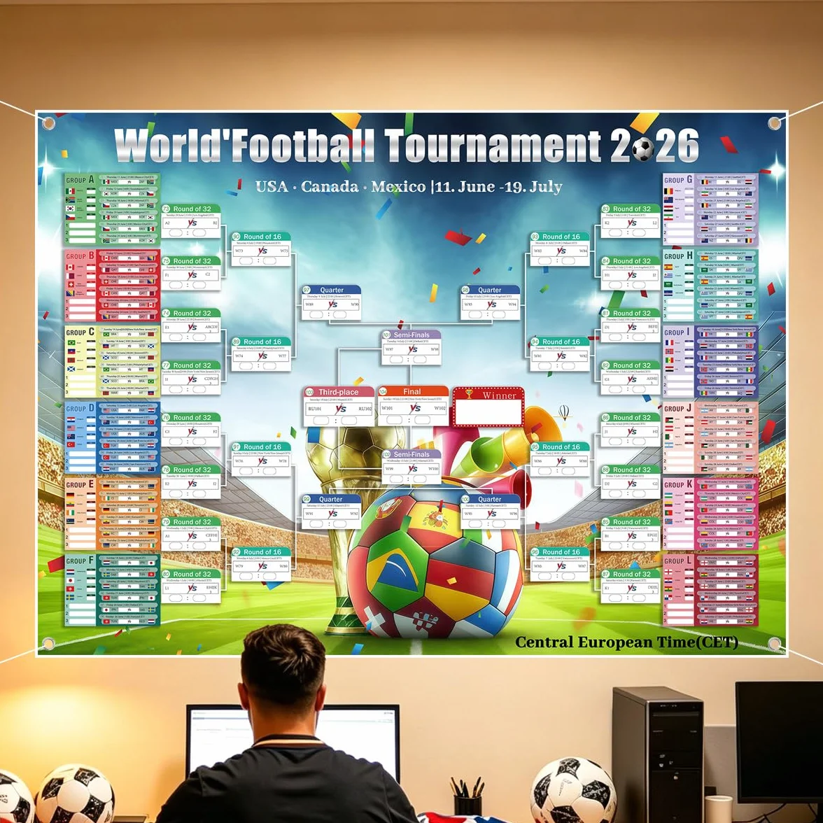 Calendrier Coupe du Monde 2026 150x100cm avec autocollants correcteurs et cordon 48 équipes groupes dates éliminations directes