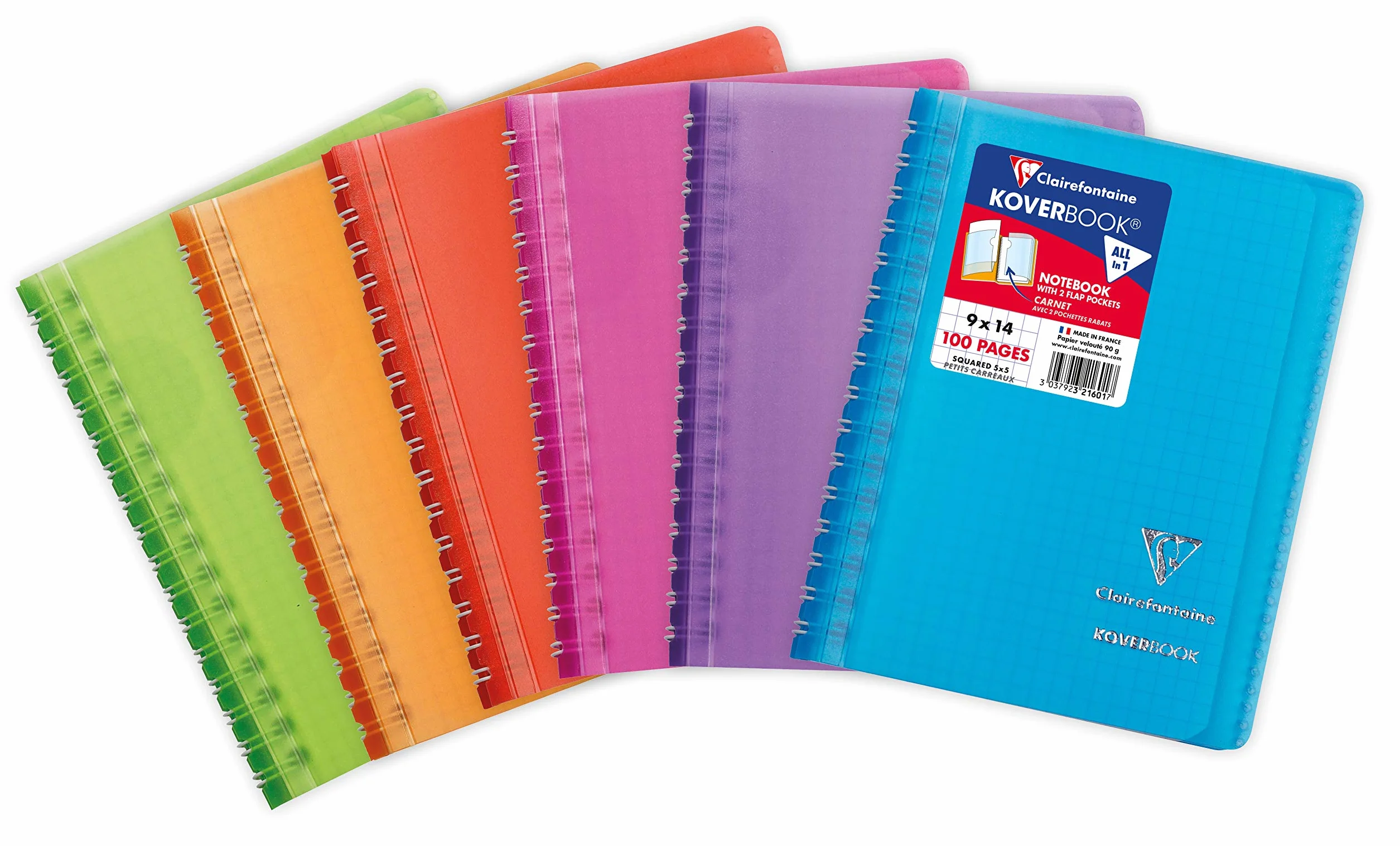Clairefontaine 321601C Koverbook Carnet à Spirale 9x14cm 100 Pages Petits Carreaux Papier Blanc 90g Couverture Enveloppante Polypro