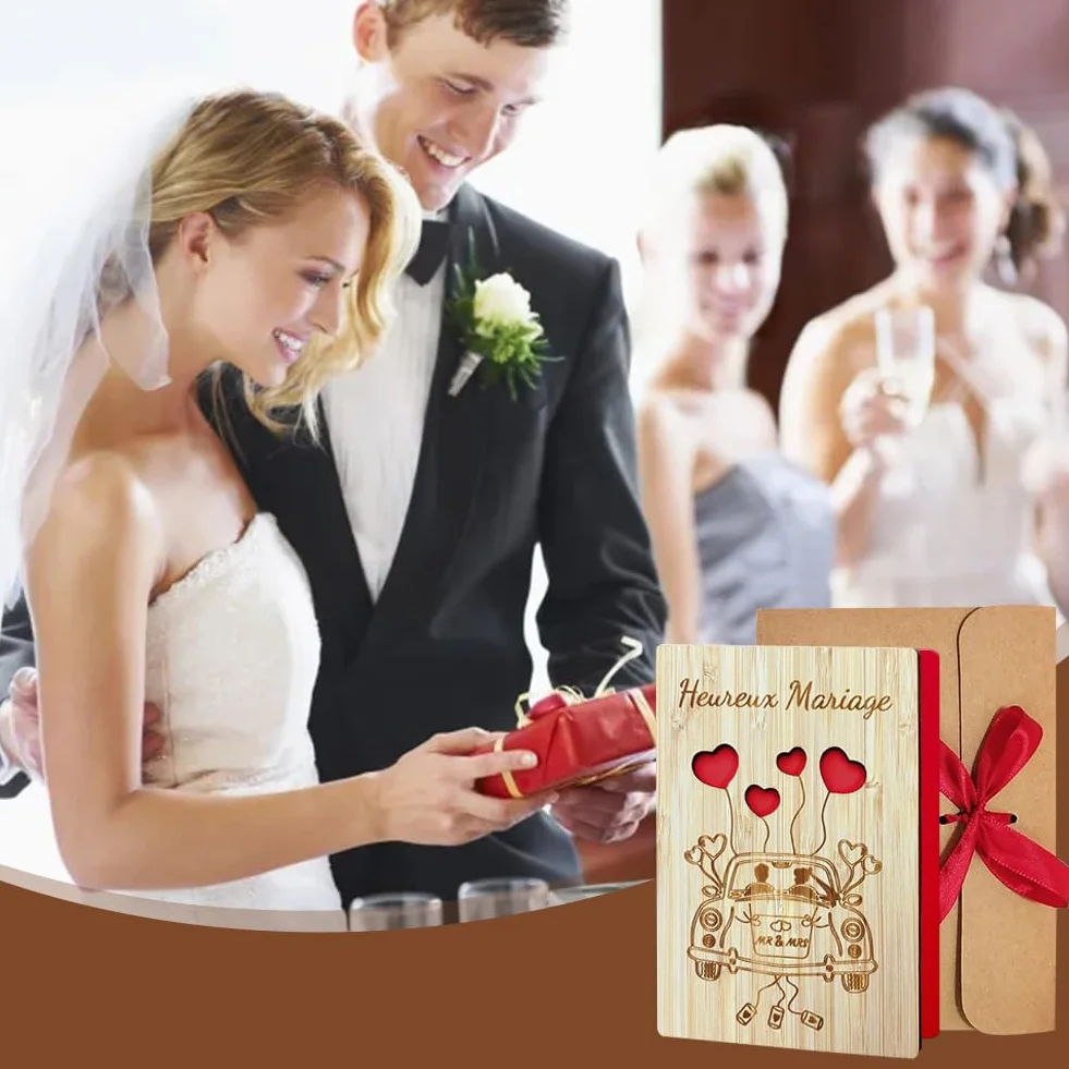 Carte de Vœux Mariage en Bois Originale avec Enveloppe, Carte Félicitation Mariage