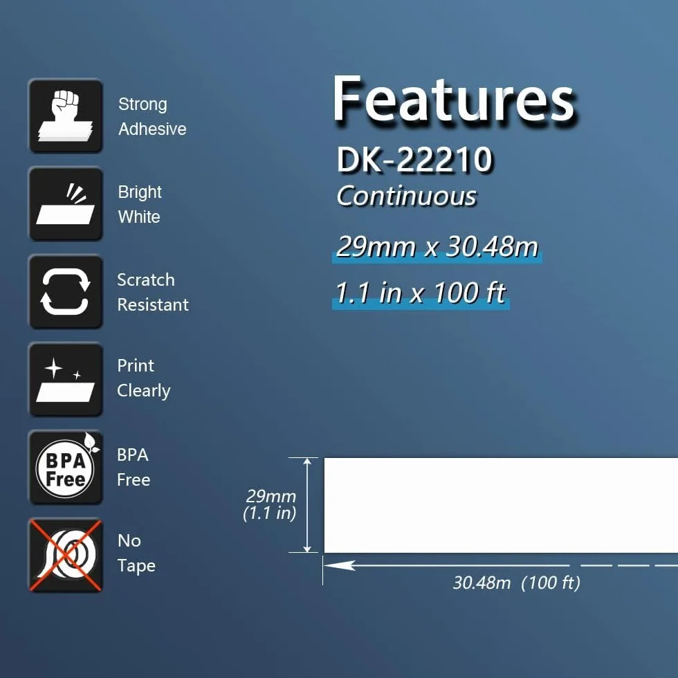 BETCKEY DK-22210 Étiquettes 29mm x 30.48m Noir sur Blanc Papier Continu pour Imprimantes QL Brother
