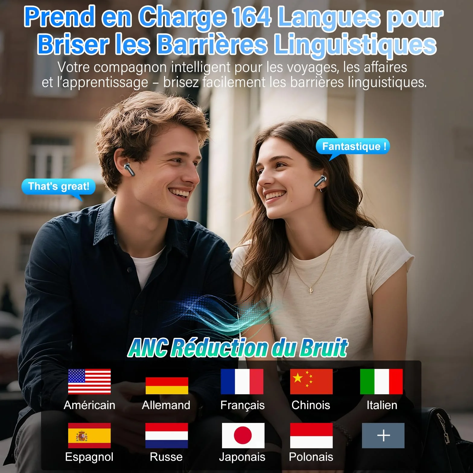 AI Écouteur Traducteur Instantané 164 Langues, ANC/ENC Réduction du Bruit, IPX7 Étanche, 48H Autonomie