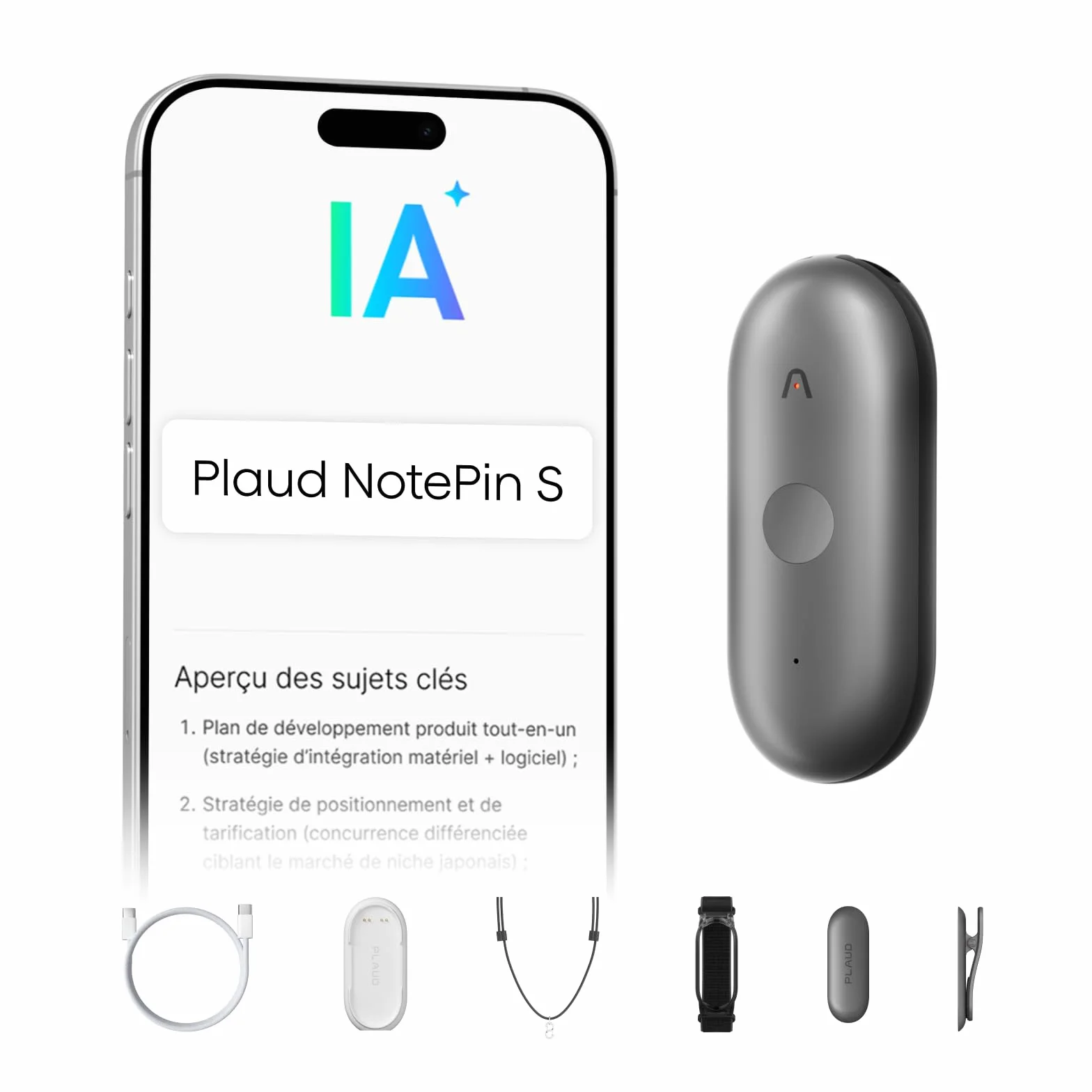 Plaud NotePin S Enregistreur Vocal IA avec Bouton Tactile, Transcription, Résumé IA et Team Plan, Dictaphone Numérique pour Réunions, Gris + 4 Accessoires
