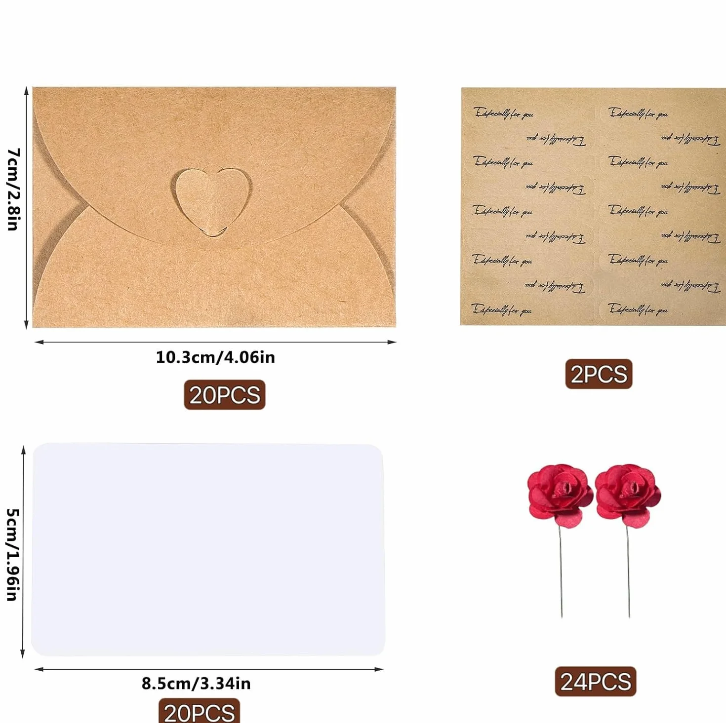 Petites Enveloppes Kraft 20 Pièces avec Cartes Vierges et Autocollants, Mini Enveloppes Coeur pour Cartes Cadeaux DIY