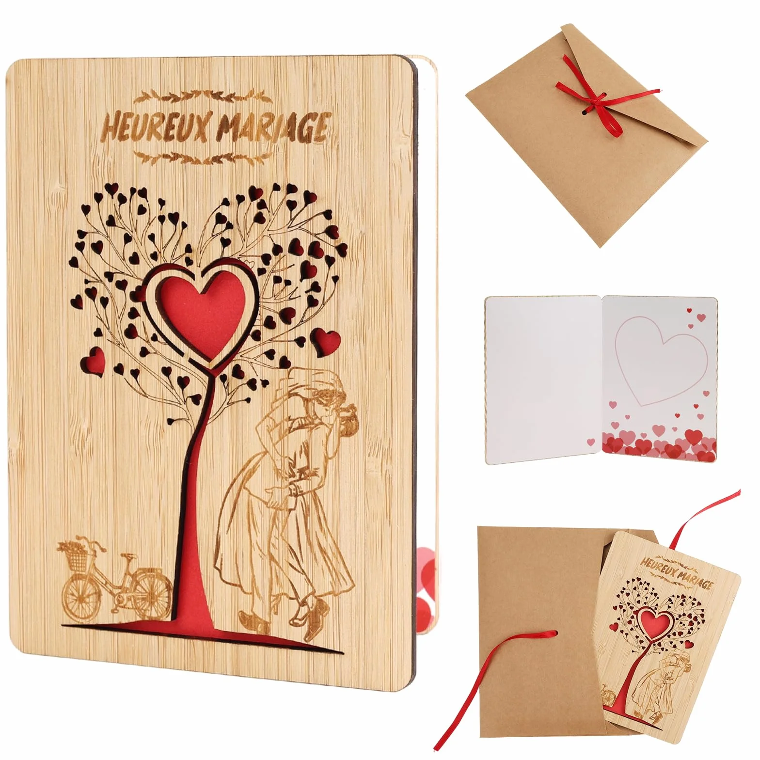 Carte Mariage en Bois avec Enveloppe 10x15 cm Cœur Cadeau Mariage Félicitation