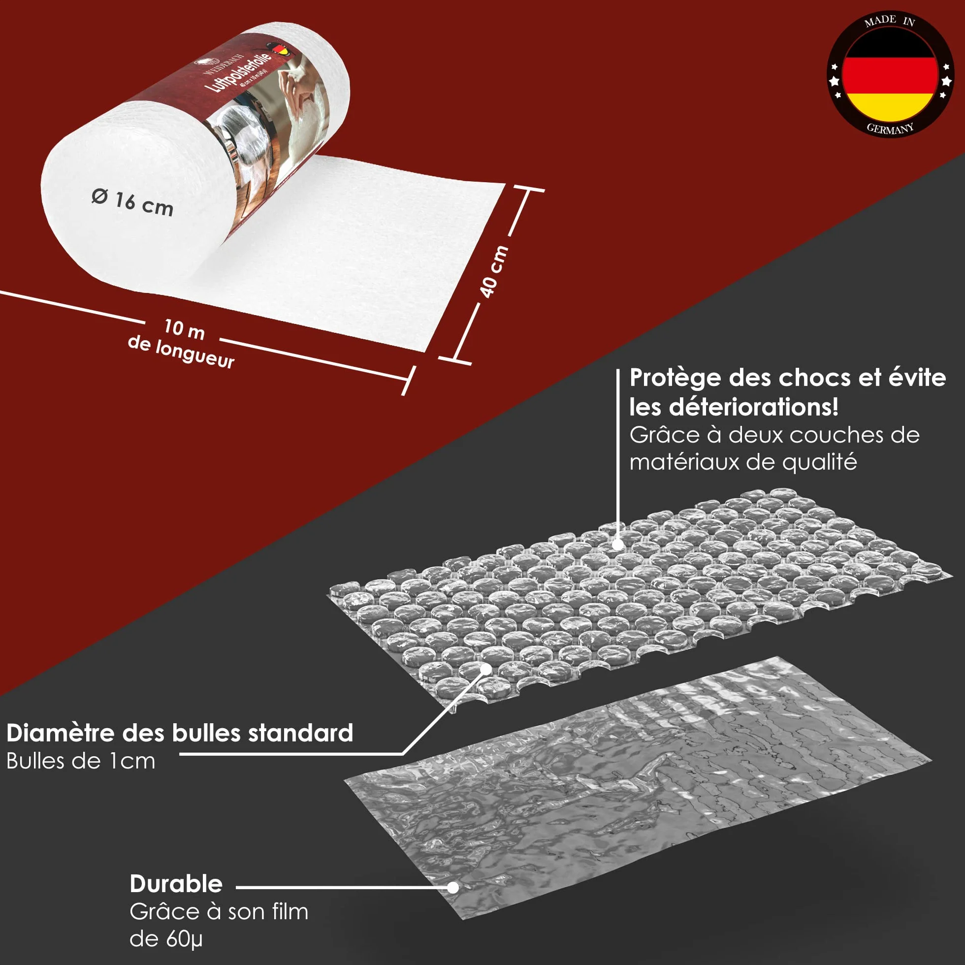 WEIDEBACH® Papier bulle 10m x 40cm 60µ 2 couches rouleau déménagement
