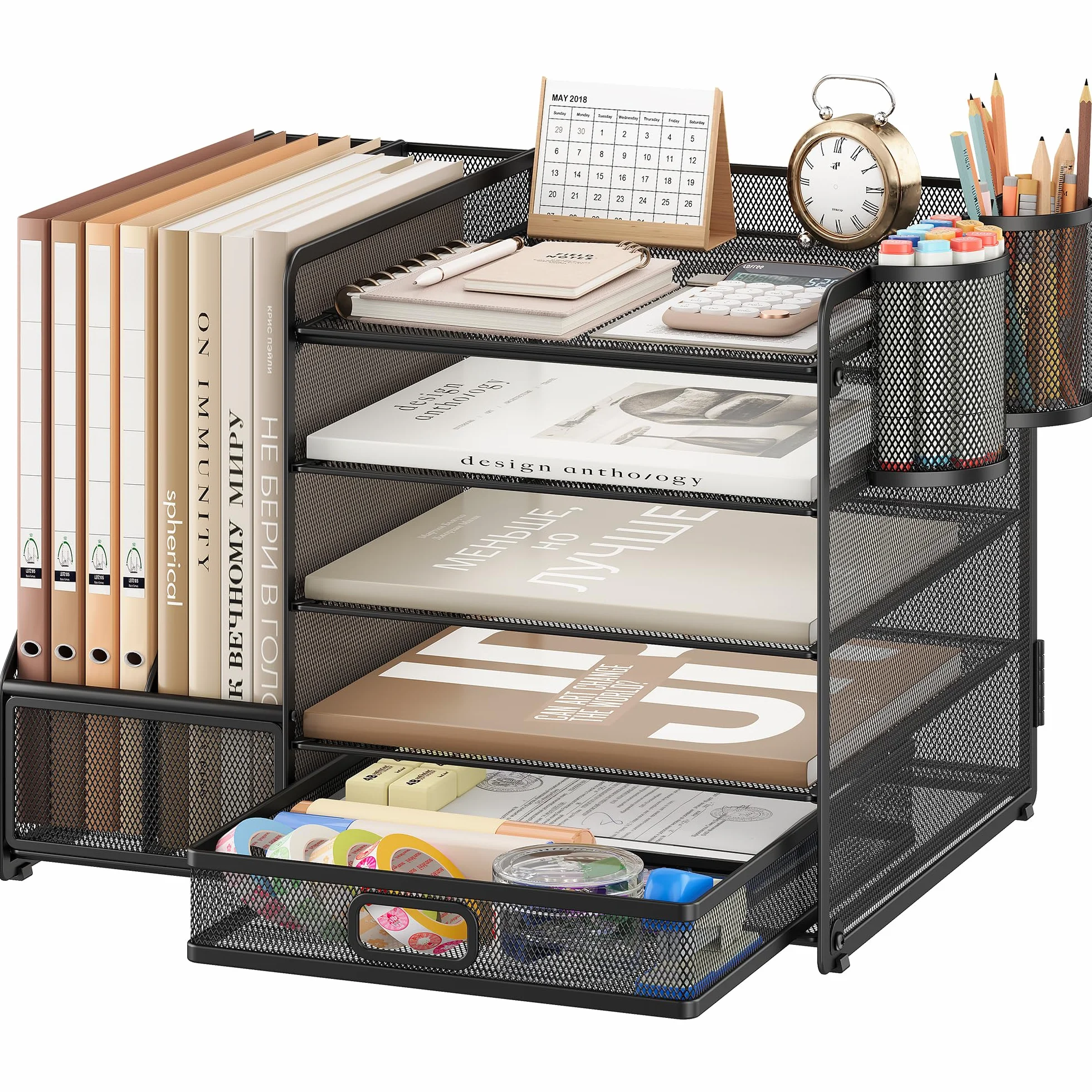VITVITI Organisateur de Bureau 5 Niveaux avec Porte-Documents, Porte-Lettres, Tiroir, Porte-Stylos, Maille, Noir