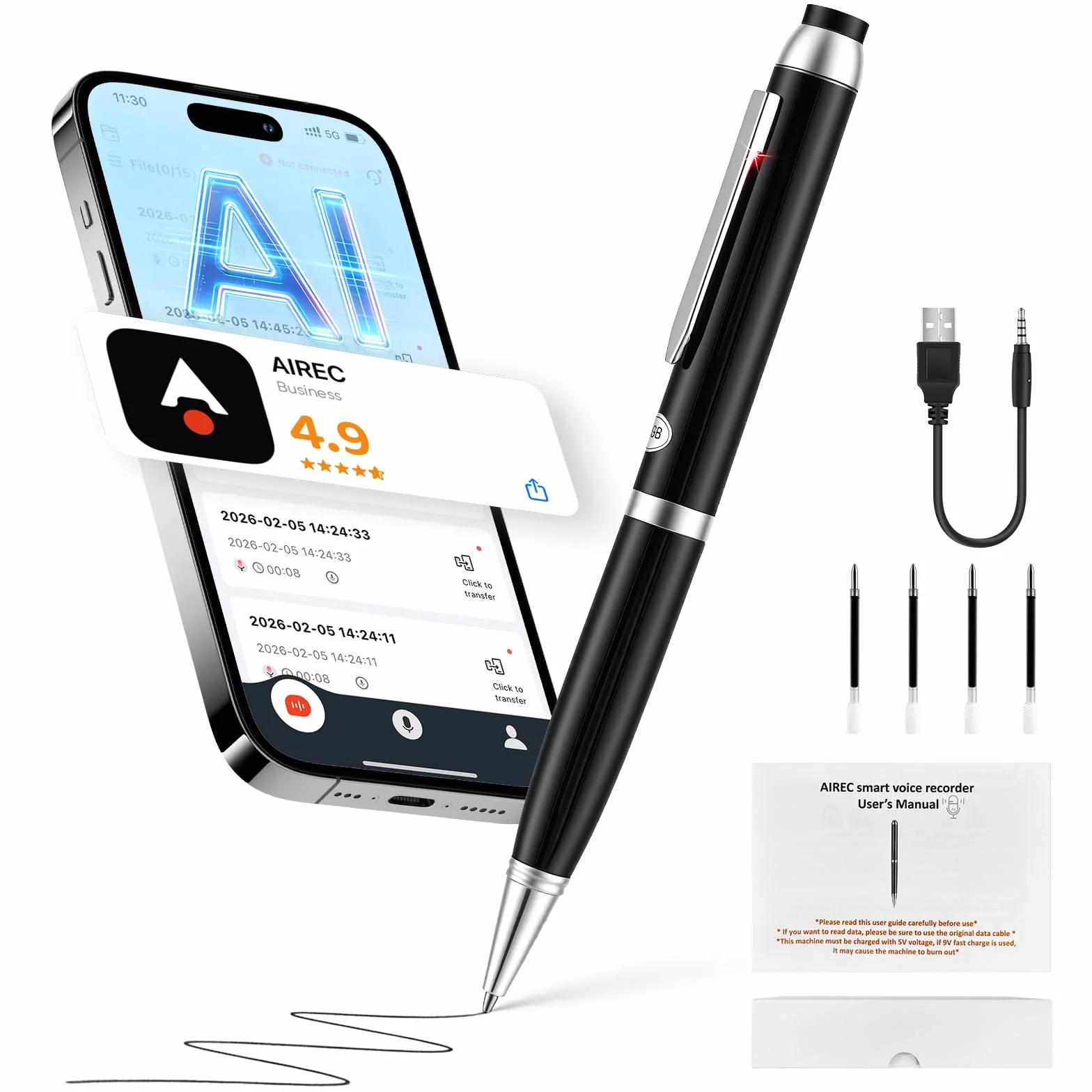 Stylo Enregistreur Vocal IA 64 Go Transcription Traduction Temps Réel Dictaphone APP Cloud Illimité Micro 360° Réduction Bruit Autonomie 10h