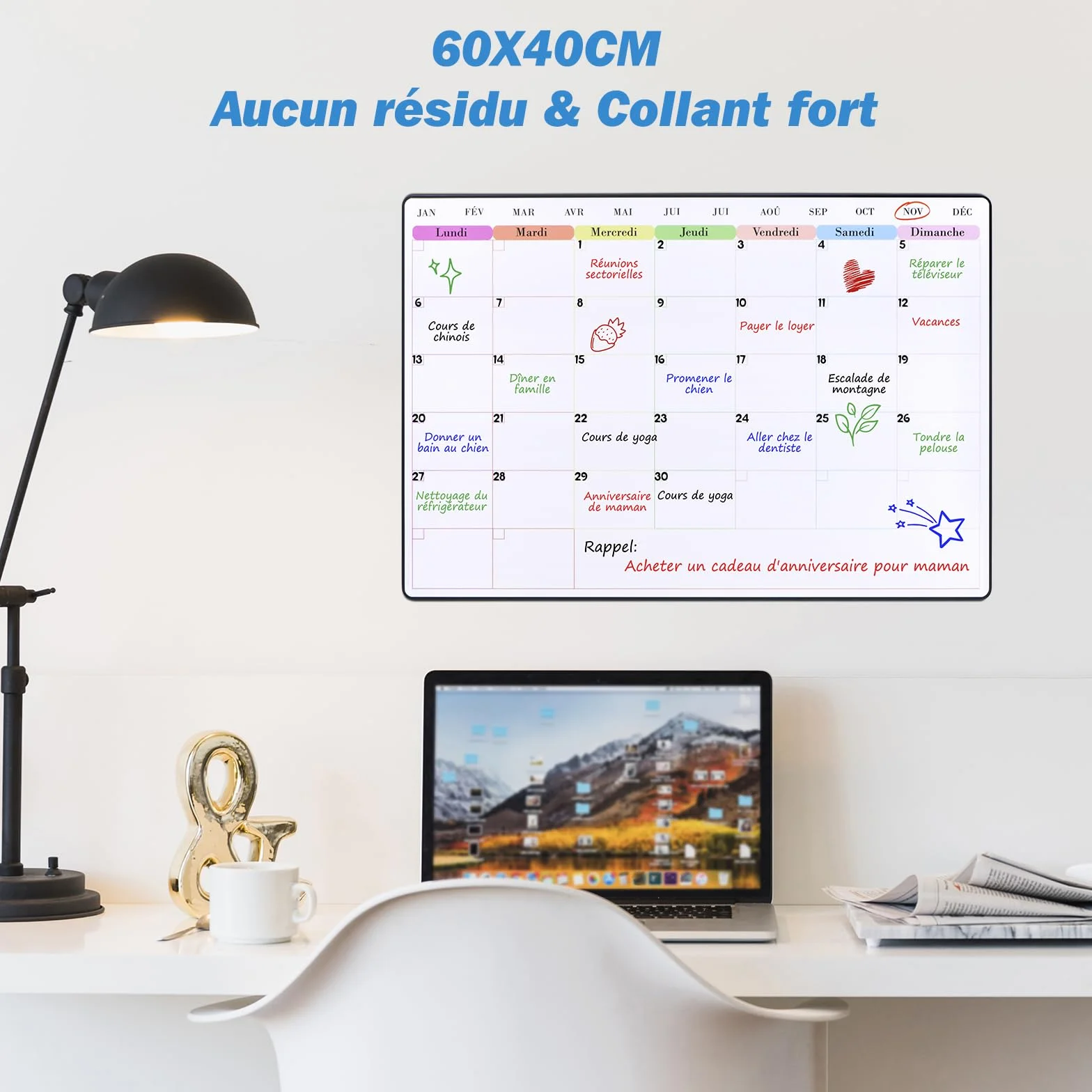 POPRUN Calendrier Adhésif Tableau Blanc Planning Mural 60x40 cm Planificateur Mensuel Semainier Effaçable