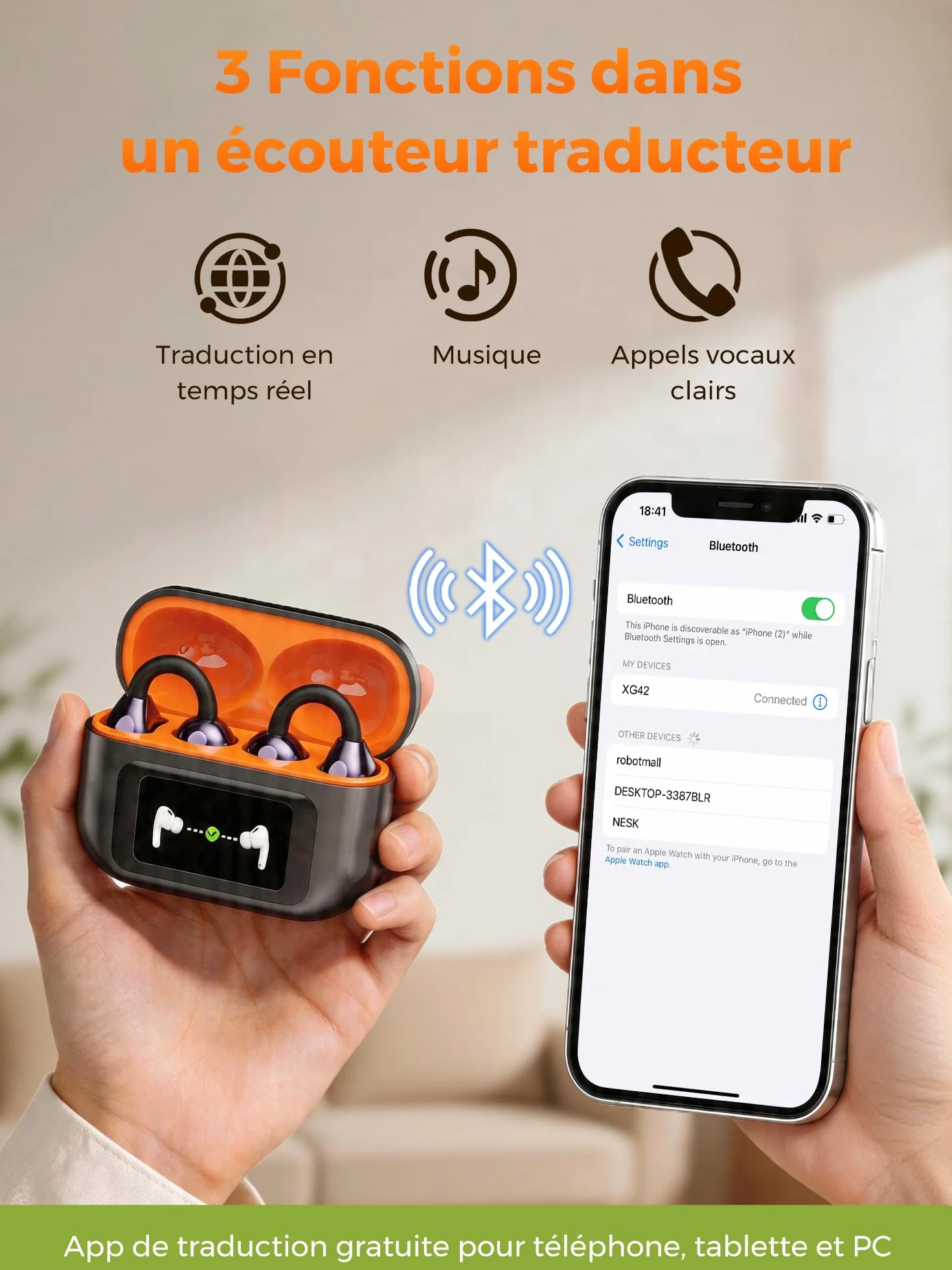 Écouteur Traducteur Vocal Instantané AI 3-En-1 LCD Touchscreen 30H 159 Langues 7 Modes Traduction
