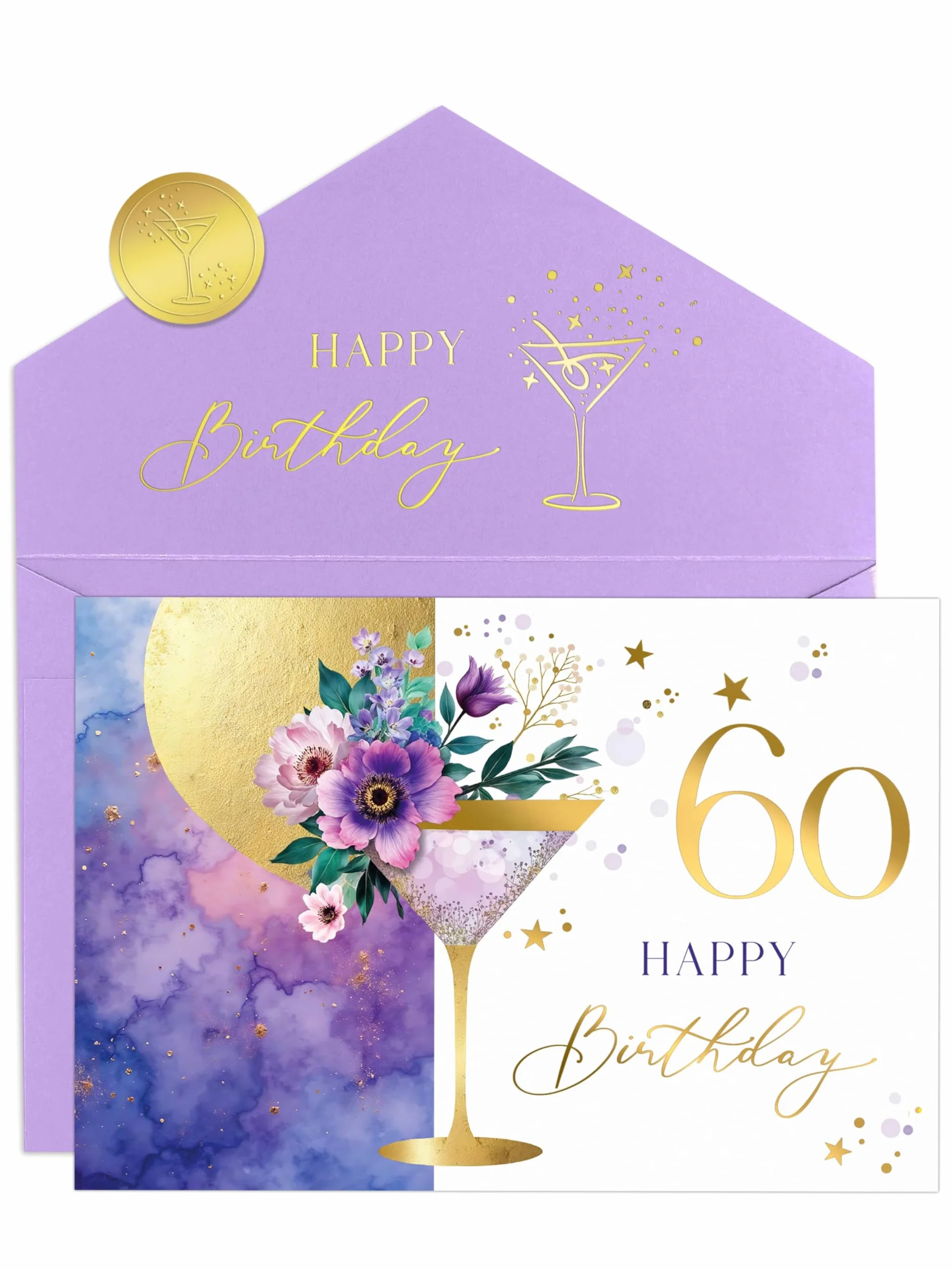 Carte anniversaire 60 ans femme élégante avec illustration florale martini et enveloppe pastel