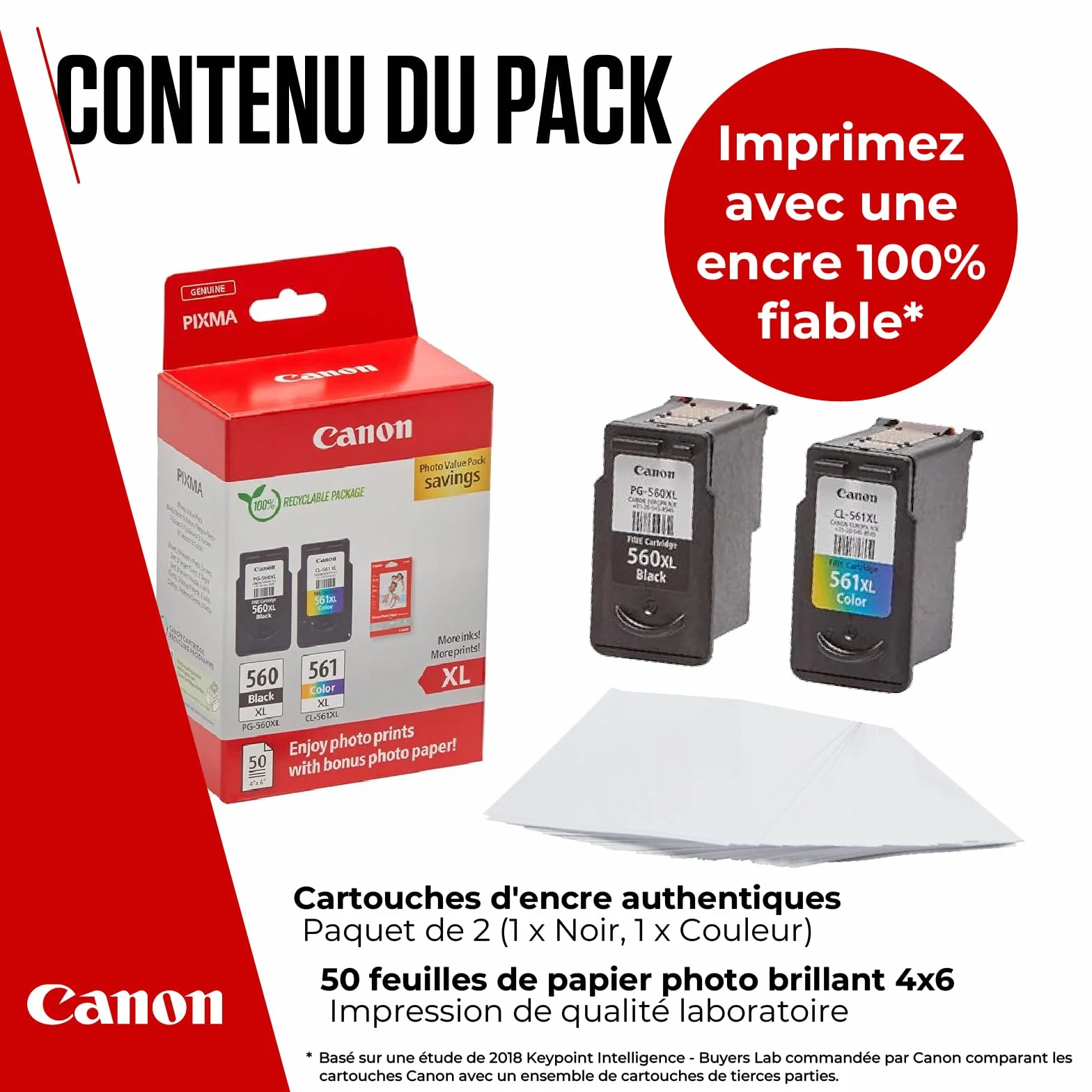 Canon Multipack Cartouche Encre & Papier PG-560XL/CL-561XL 2 Pack Noir XL Couleur XL 50 Feuilles Papier Photo 4x6