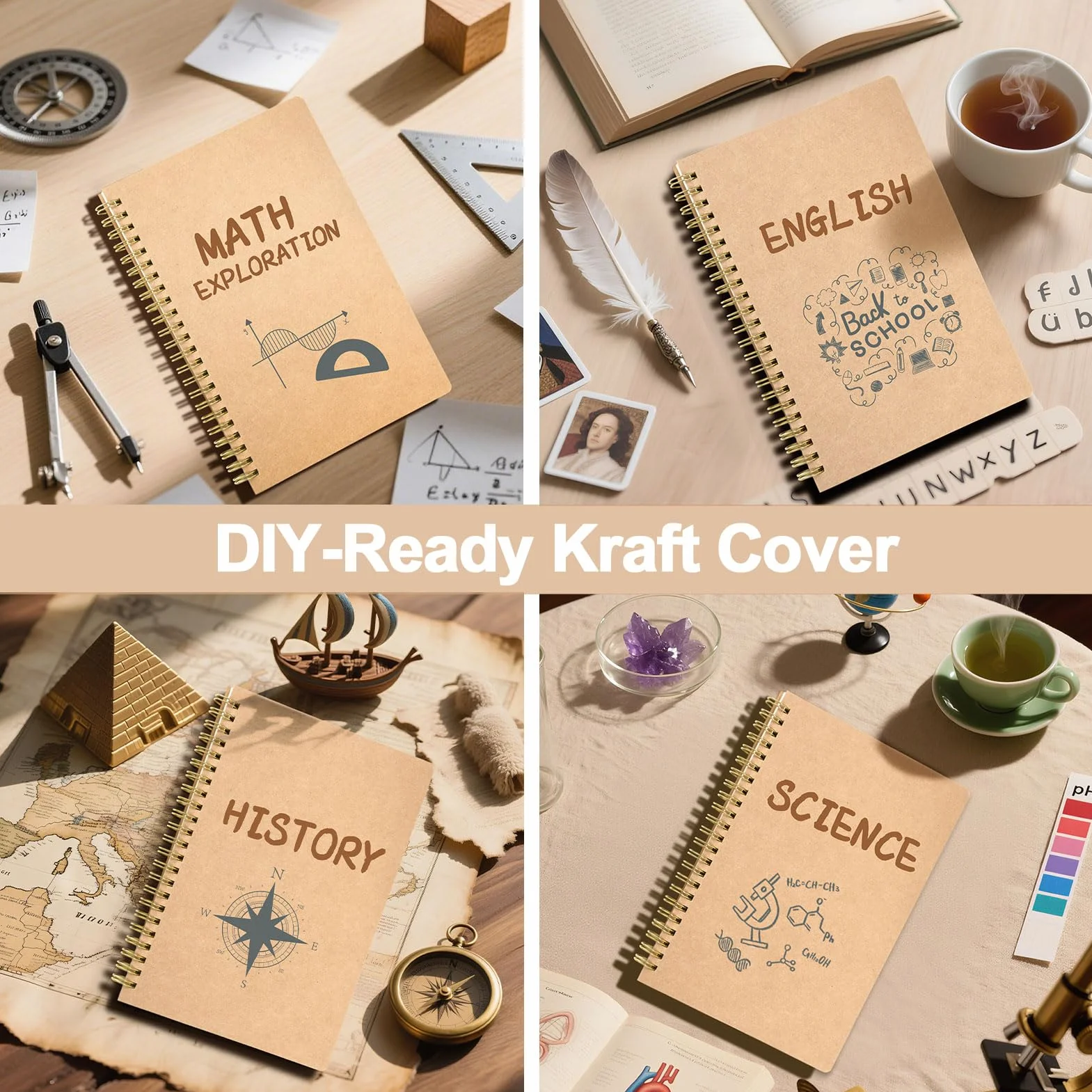 Cahier Spirale A5 Lot de 4 - Carnet de Notes Ligné 160 Pages Papier 80g Couverture Kraft