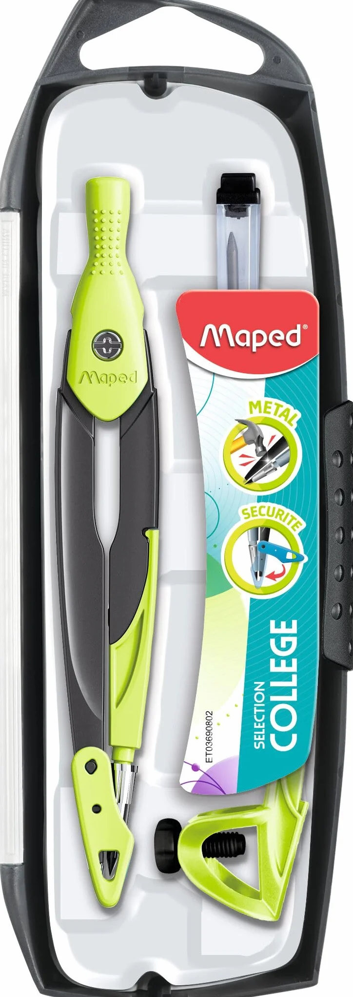 Maped Compas Métal Open Mine Coffret 3 Pièces Sécurité Protège Pointe Sèche et Mine Accessoires Interchangeables