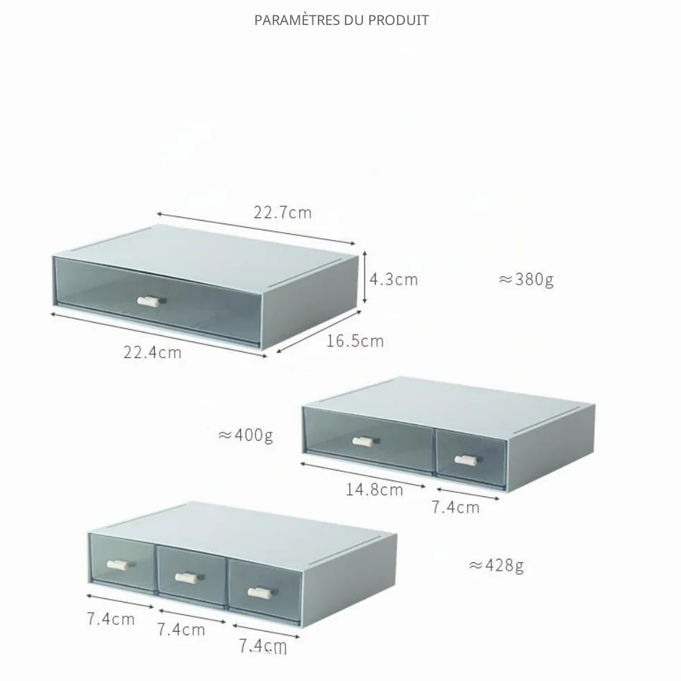 Organiseur de tiroirs de bureau 3 étages 6 tiroirs empilable plastique rangement papeterie cosmétiques Bleu