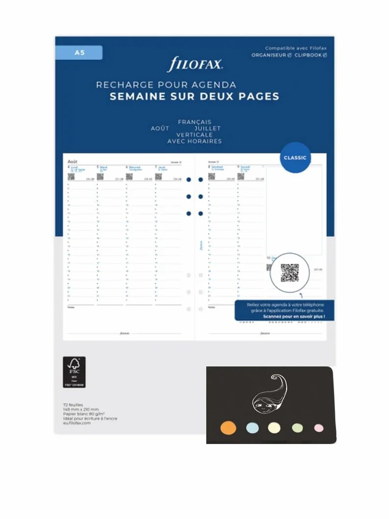 Filo Recharge A5 2026 2027 Français 1 Semaine sur 2 Pages Vertical Compatible Filofax 148 x 210 mm Index Adhésif