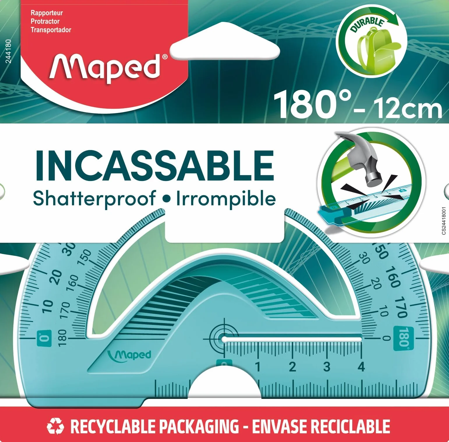 Maped Rapporteur Incassable Plastique 180° 12 cm Ergonomique Résistant