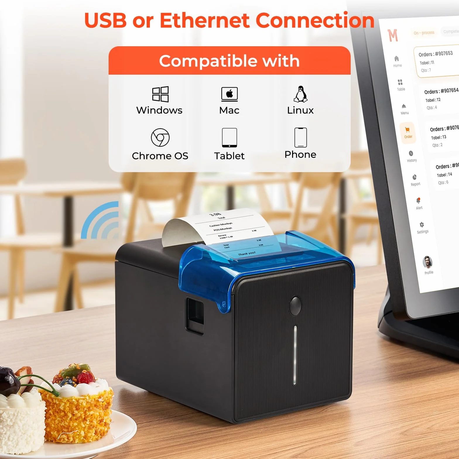 MUNBYN 905 WiFi Imprimante de Reçus Thermique 80mm, Ticket de Caisse USB Ethernet avec Support de Coupe Automatique, Noir