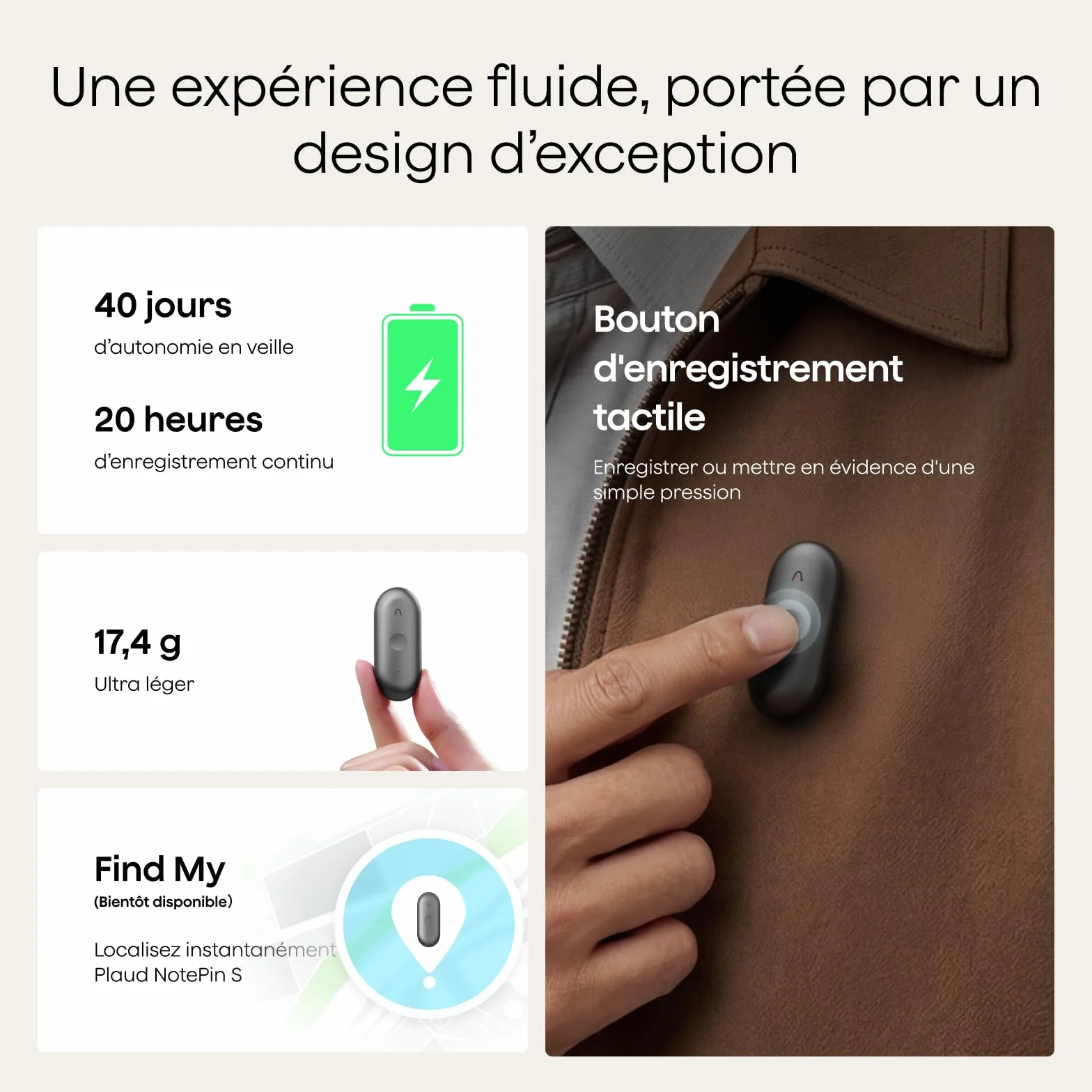 Plaud NotePin S Enregistreur Vocal IA avec Bouton Tactile, Transcription, Résumé IA et Team Plan, Dictaphone Numérique pour Réunions, Gris + 4 Accessoires