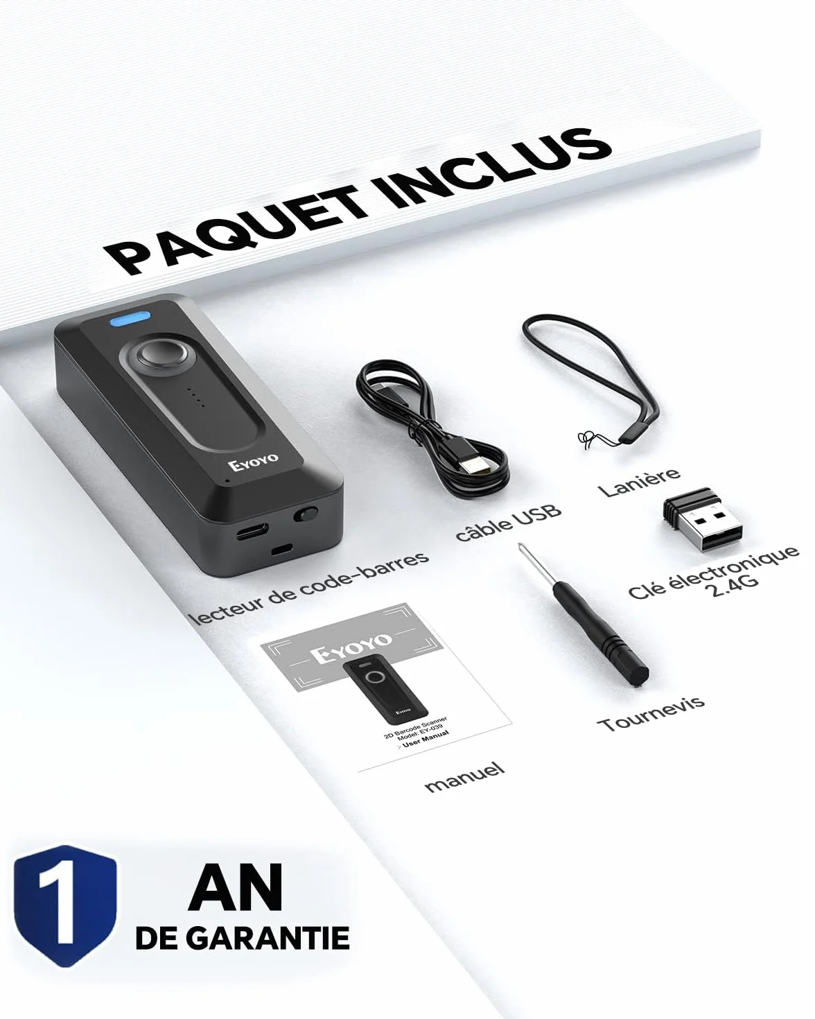 Eyoyo 2D Bluetooth Barcode Scanner, Douchette Lecteur Code Barre sans Fil 1D QR pour iPhone iPad iOS Android PC