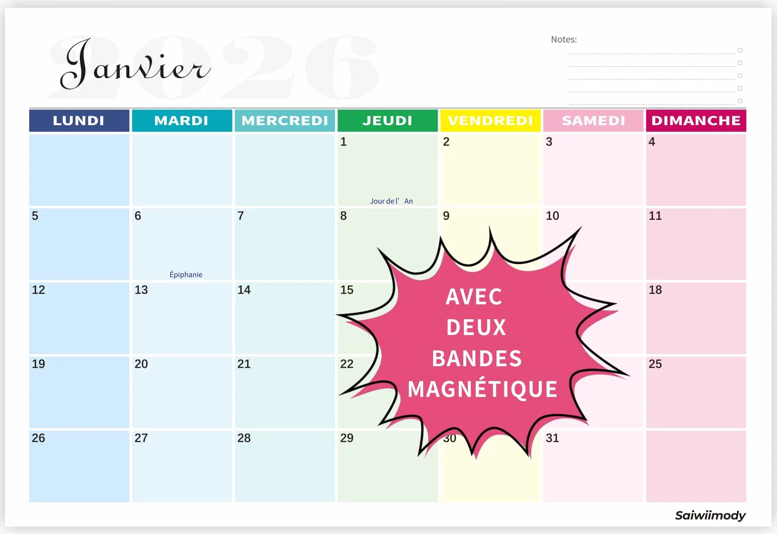 Calendrier Mural 2026 18 Mois Magnétique Frigo 31x21cm Planificateur Mensuel avec Jours Fériés
