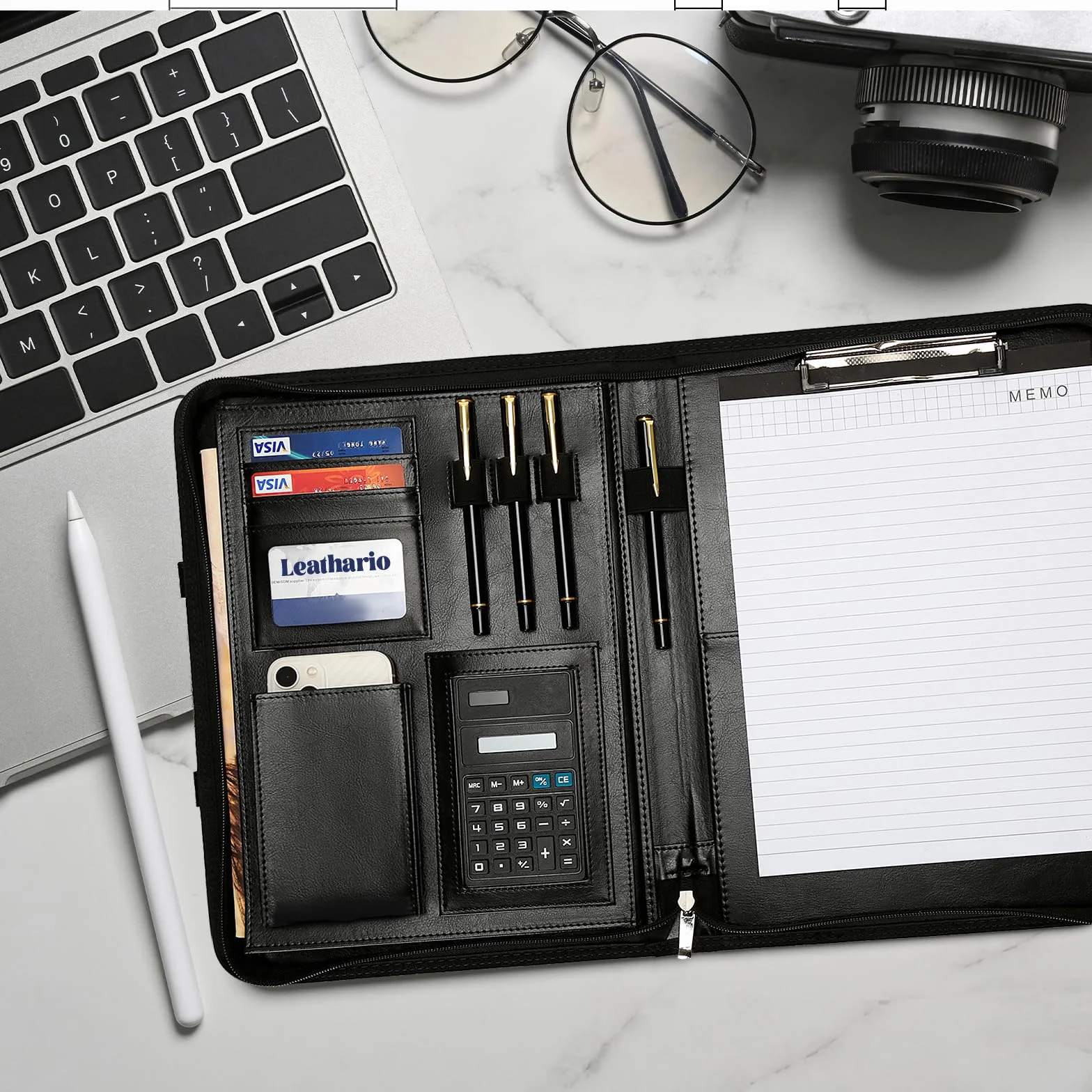 Porte Document A4 en Cuir Noir PU Leathario Portfolio Organiseur de Bureau
