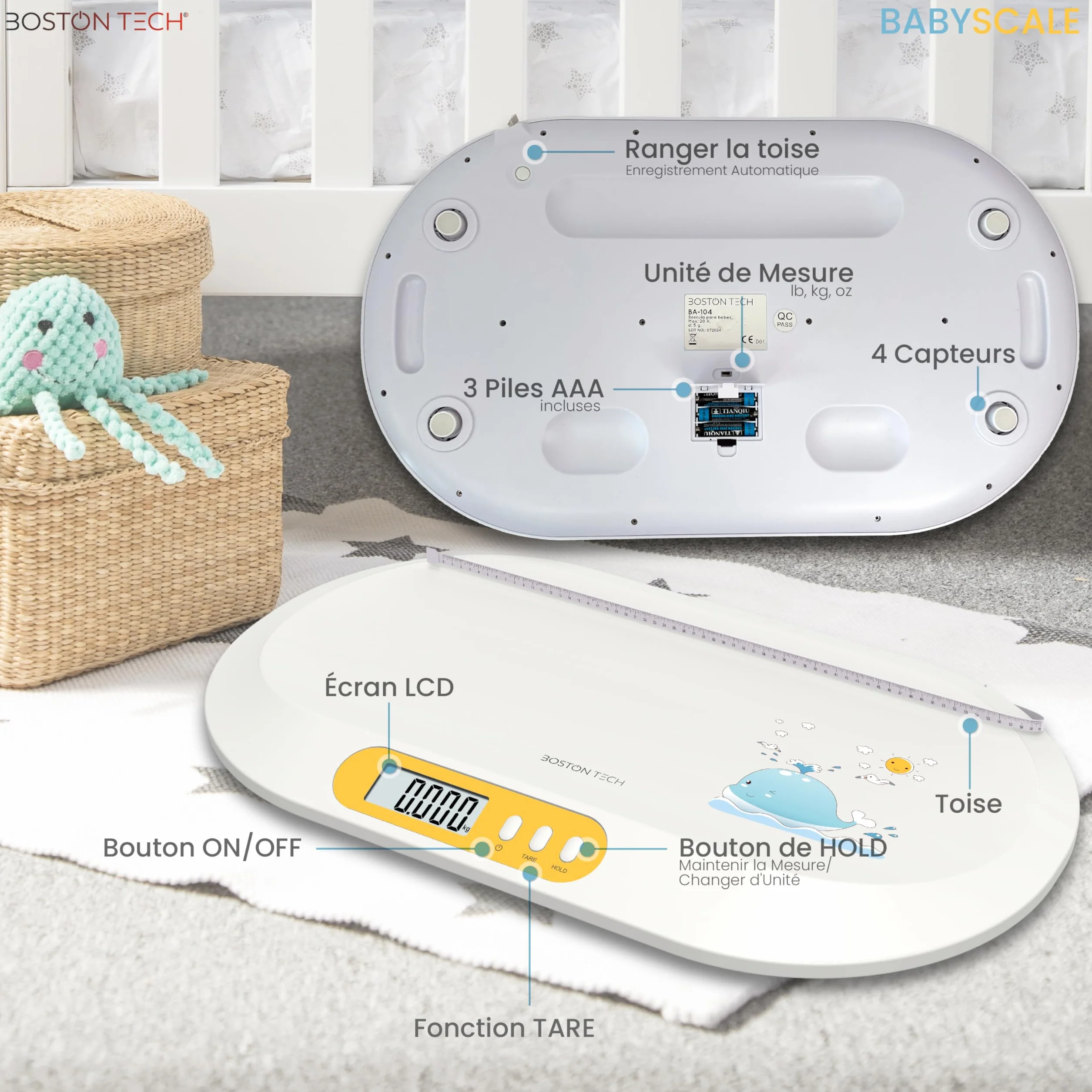 Balance pour bébé Boston Tech BA104 Pèse-bébé électronique numérique 20 kg 10 g écran LCD rétroéclairé