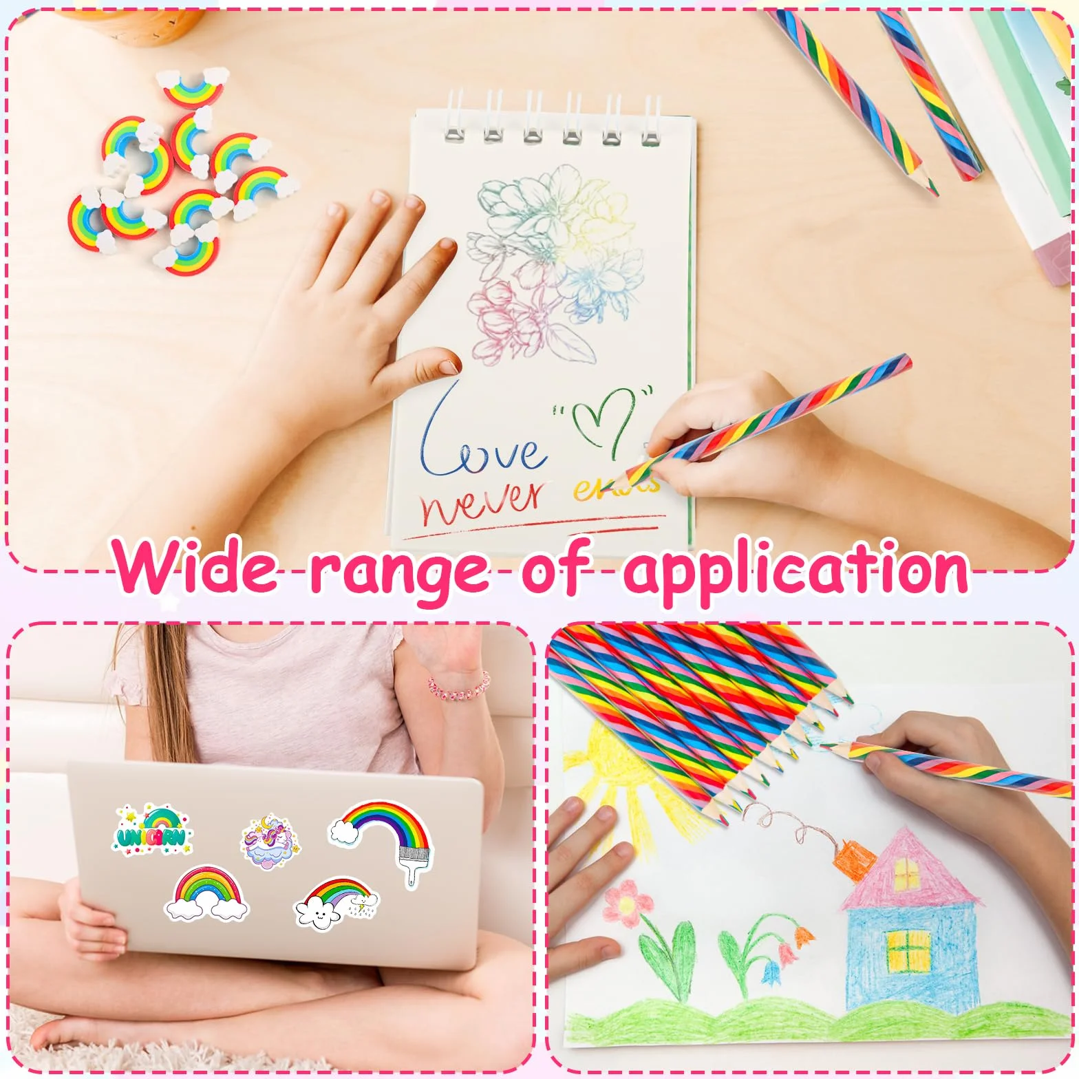 Jeu Fournitures Scolaires Arc-en-ciel 80Pcs, Crayons Couleur, Bloc-notes Spirale, Gomme, Autocollants, pour Salle Classe