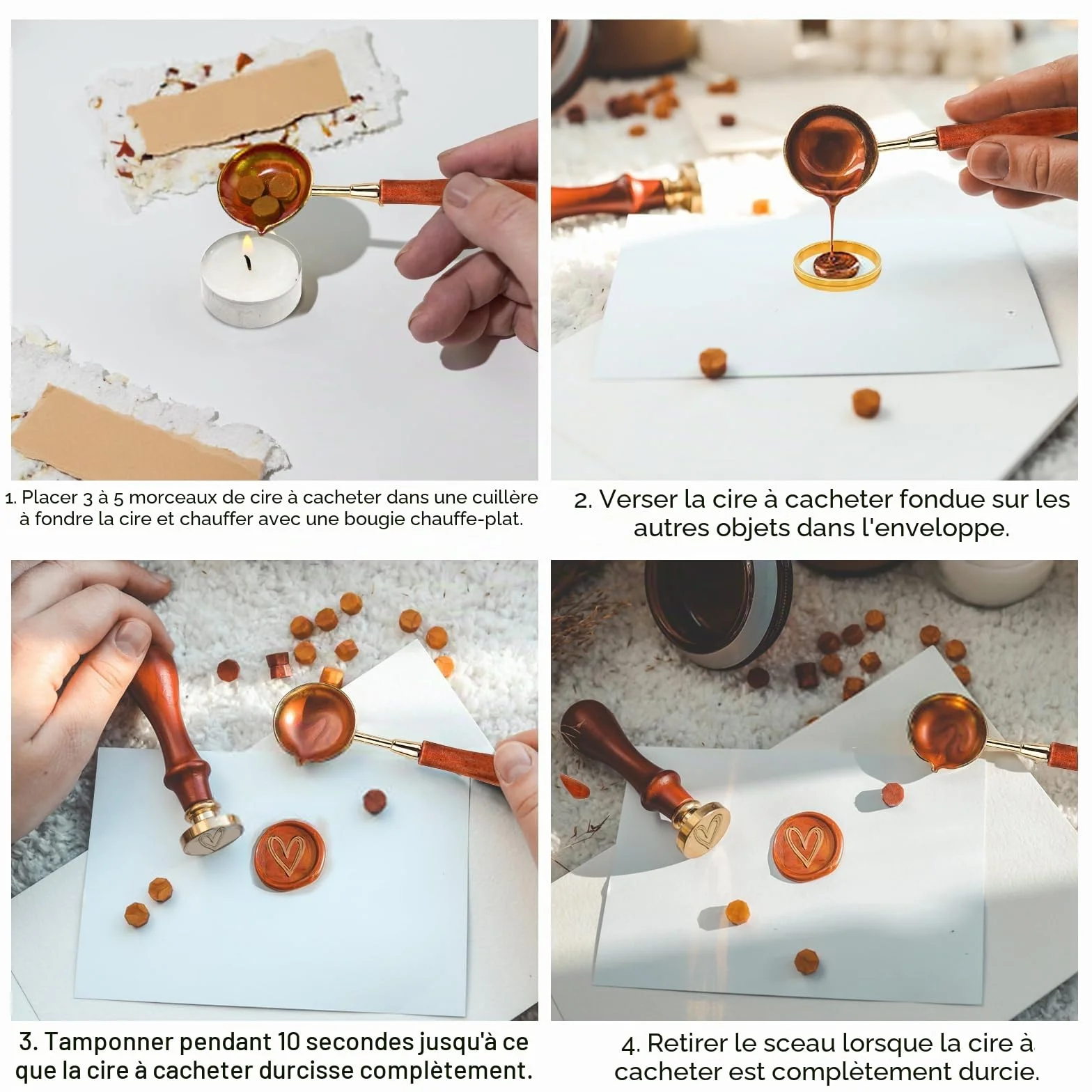 Lot de 200 perles de cire à cacheter or, joint octogonal, kit avec 5 bougies, cuillère et tampon