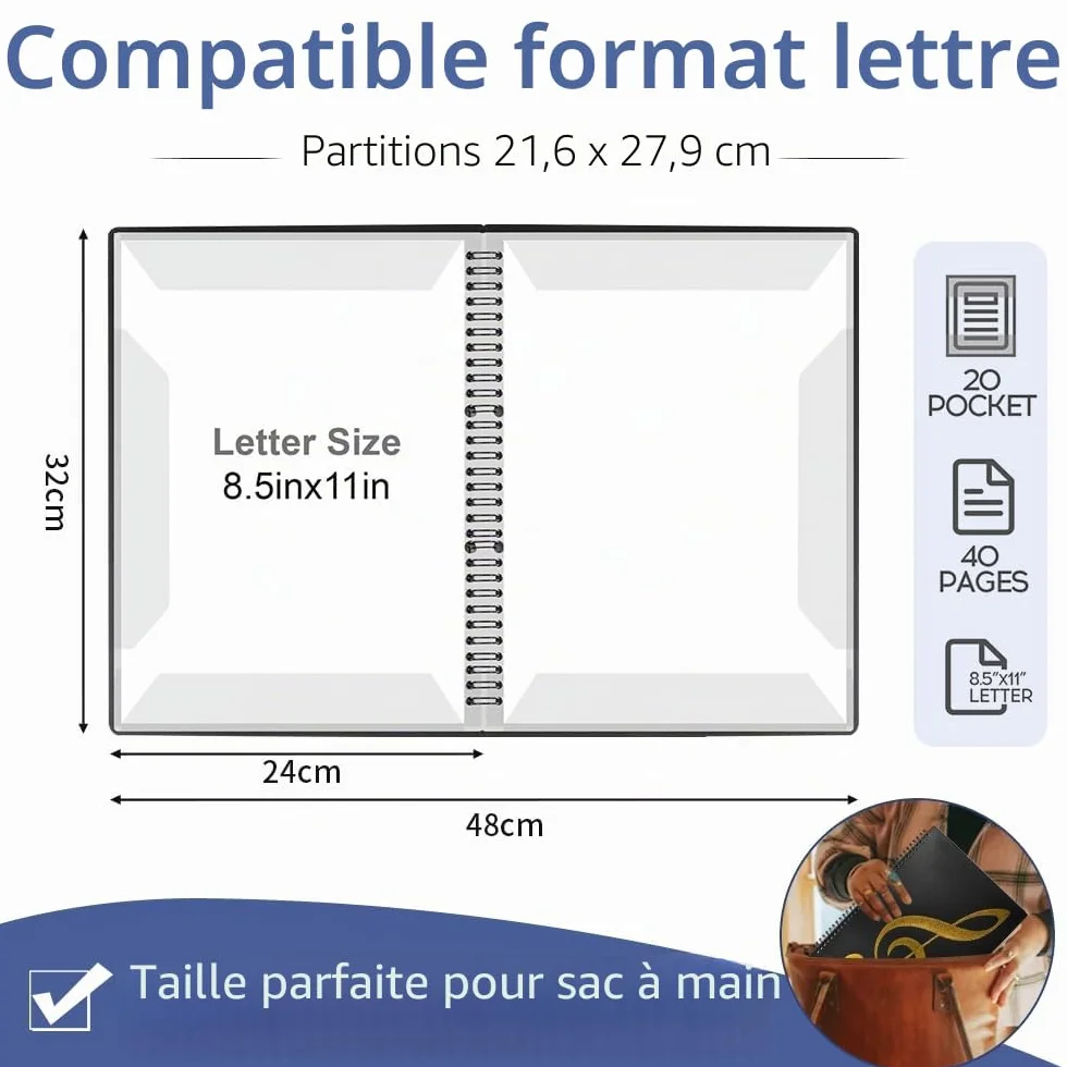 Classeur A4 pour Partitions de Musique avec 10 Pinces, 40 Pages, Étanche