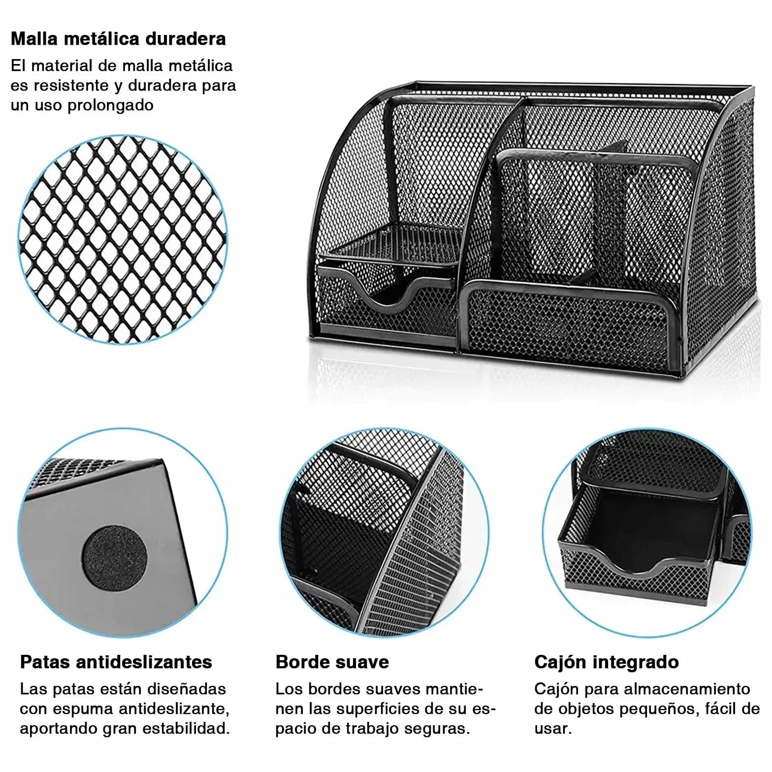 Detectalia Organisateur de Bureau Porte-crayons Tiroir Maille Métallique 6 Compartiments Noir