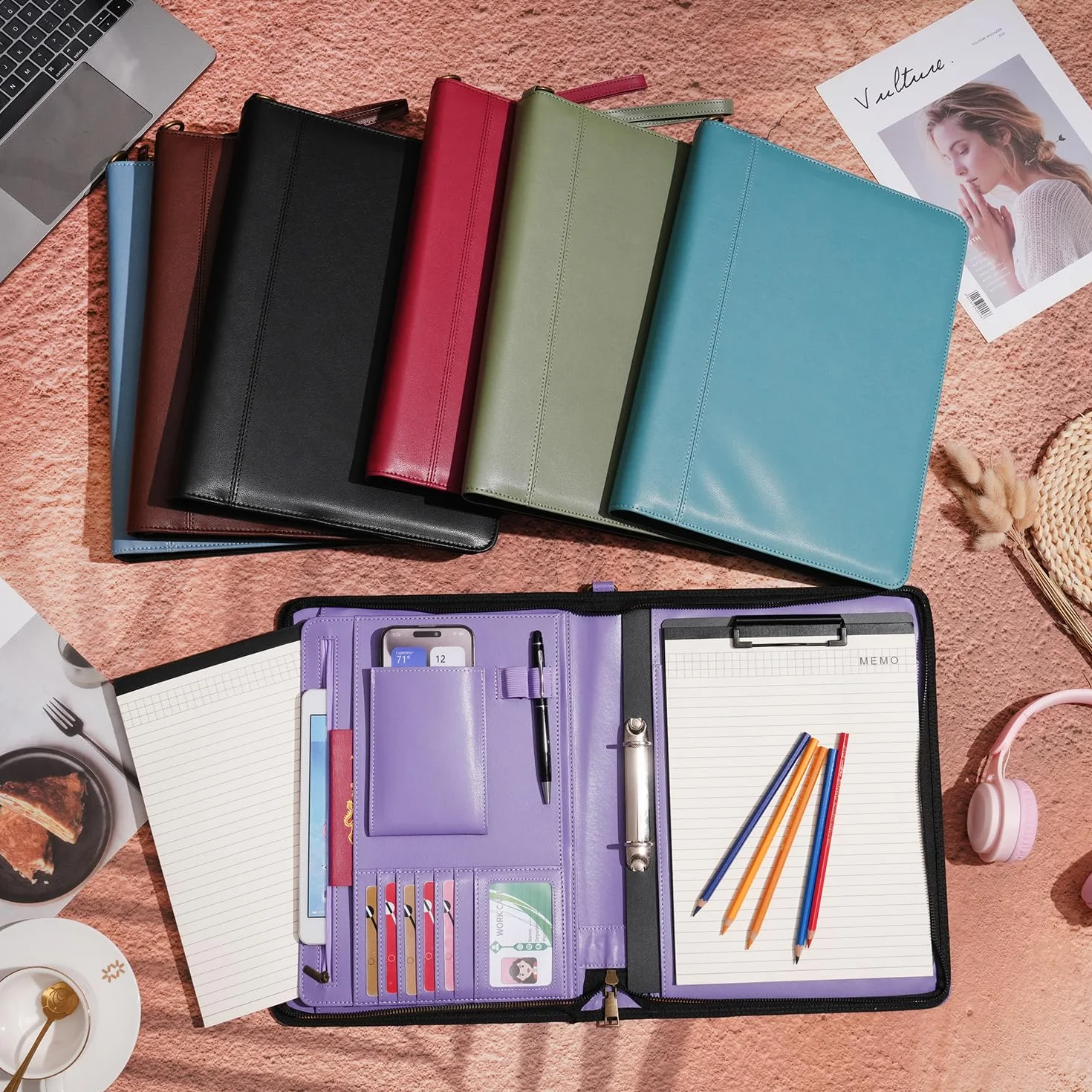 Wason Porte-documents A4 Cuir PU Fermeture Éclair Padfolio Classeur Anneaux Détachable Support Bloc-Notes Organiseur Conférence Rouge