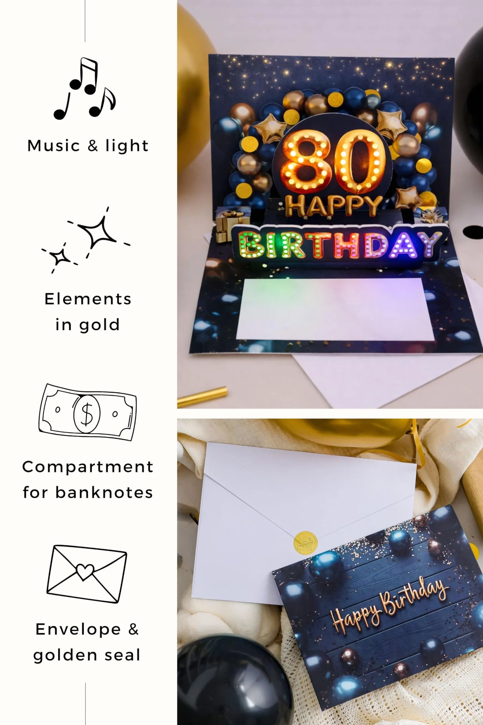Carte anniversaire 80 ans avec musique et lumière – Carte pop up 3D pour homme, 20 x 15 cm, enveloppe et autocollant