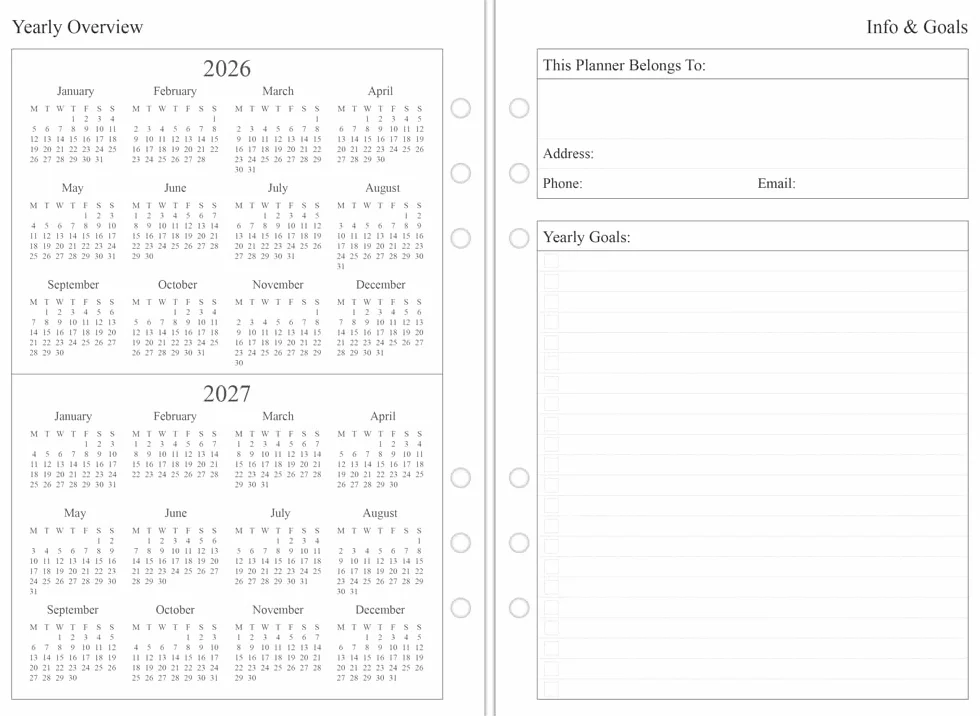 Agenda Semainier A5 2026-2027 Recharge Compatible Filofax