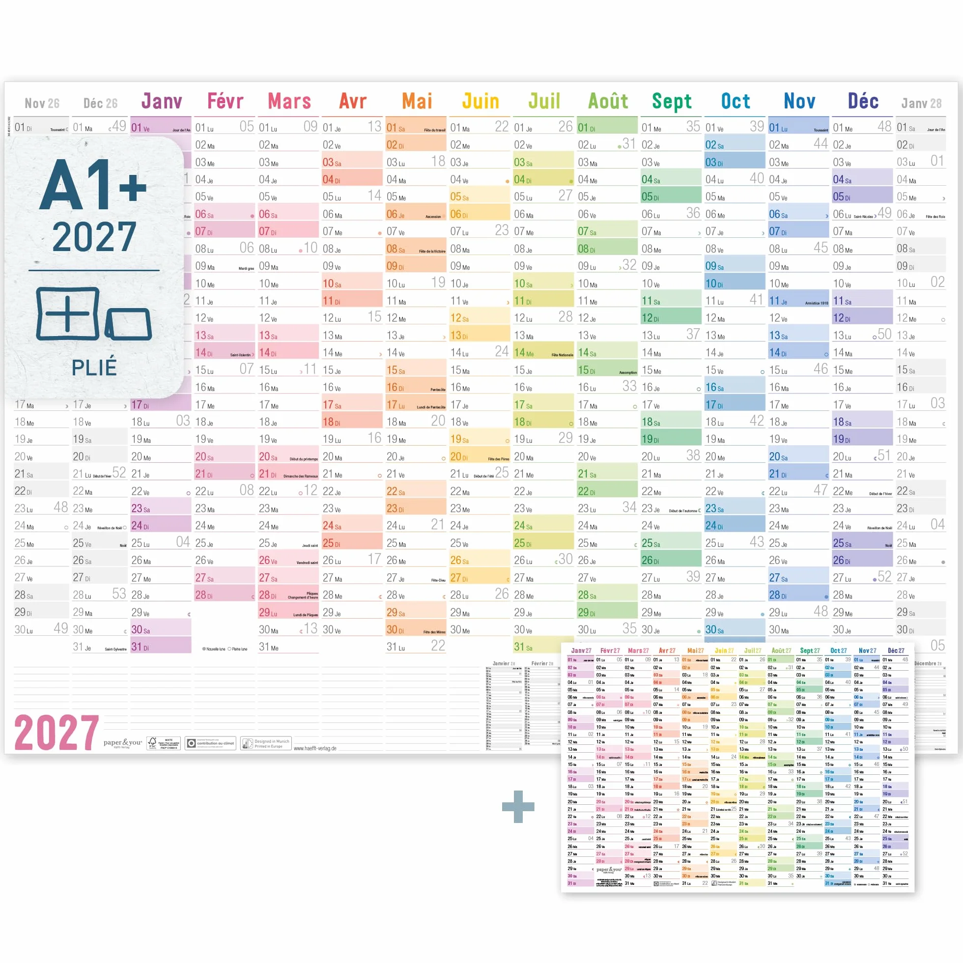 Häfft® Calendrier mural XXL 2027 A1+ papier français 63 x 89 cm plié Rainbow + agenda annuel A4 gratuit jours fériés France
