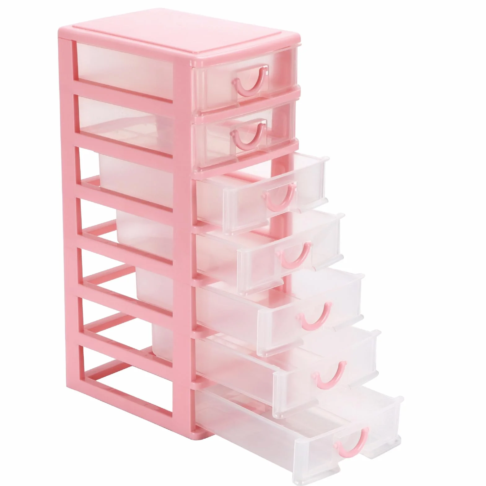 Mini organiseur en plastique 7 tiroirs transparents rangement bureau 18 x 13 x 33,5 cm rose