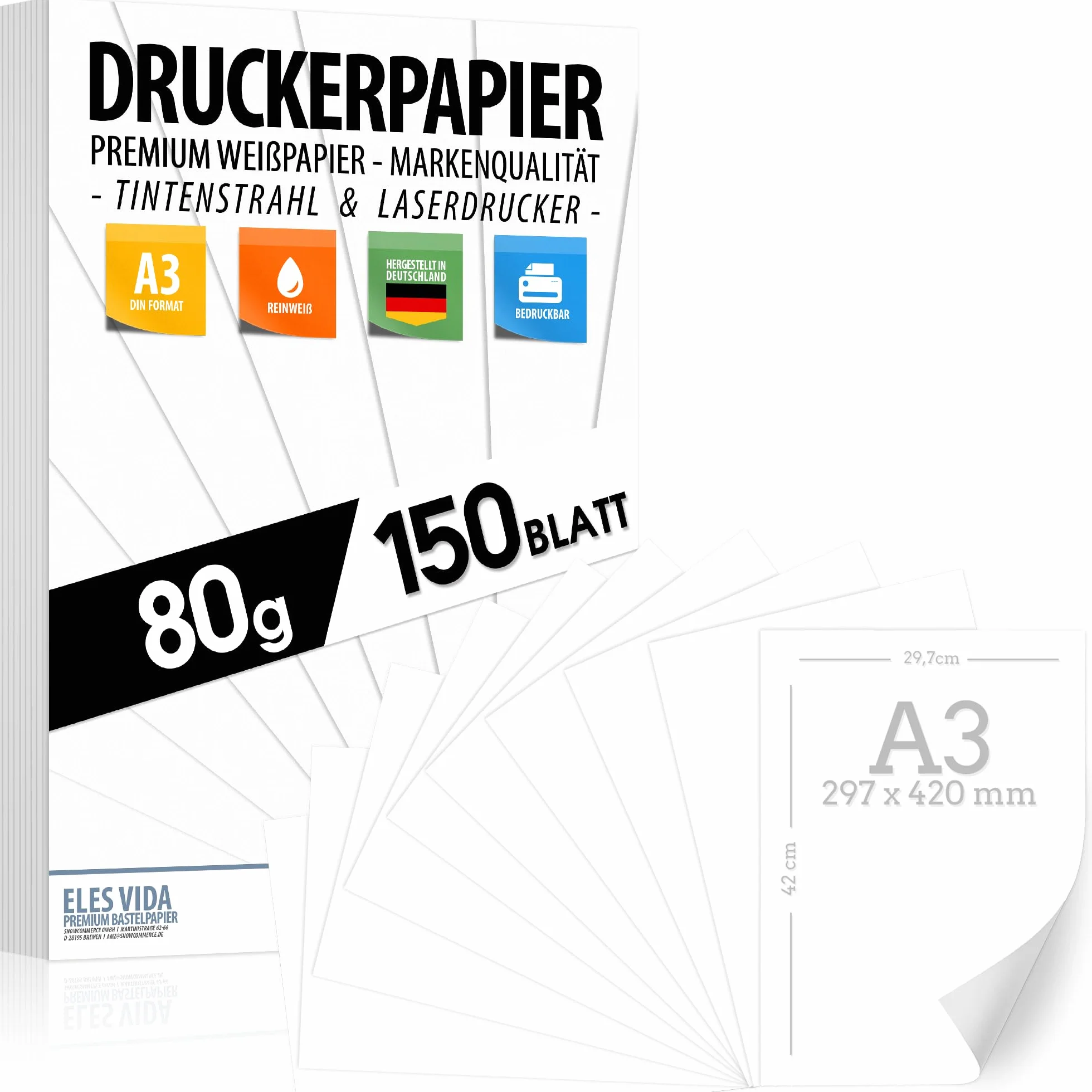 Papier imprimante blanc A3 150 feuilles 80 g DIN pour photocopieur laser jet d'encre