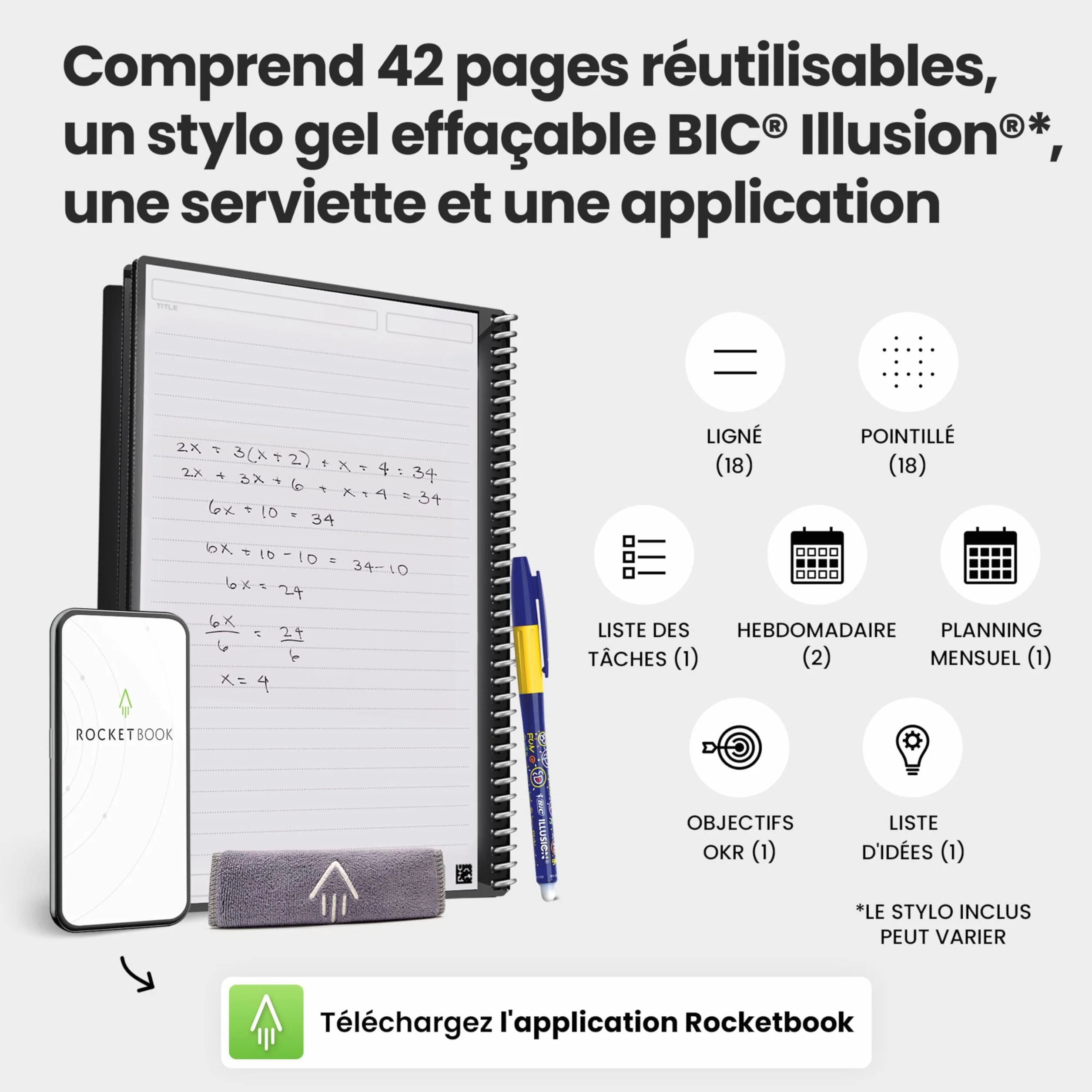 Rocketbook Fusion Agenda Non Daté Réutilisable Taille Letter 21 x 29,7 cm Noir Objectifs Calendrier Mensuel Hebdomadaire To-Do Lists Quotidiennes Pages Lignées Pointillées
