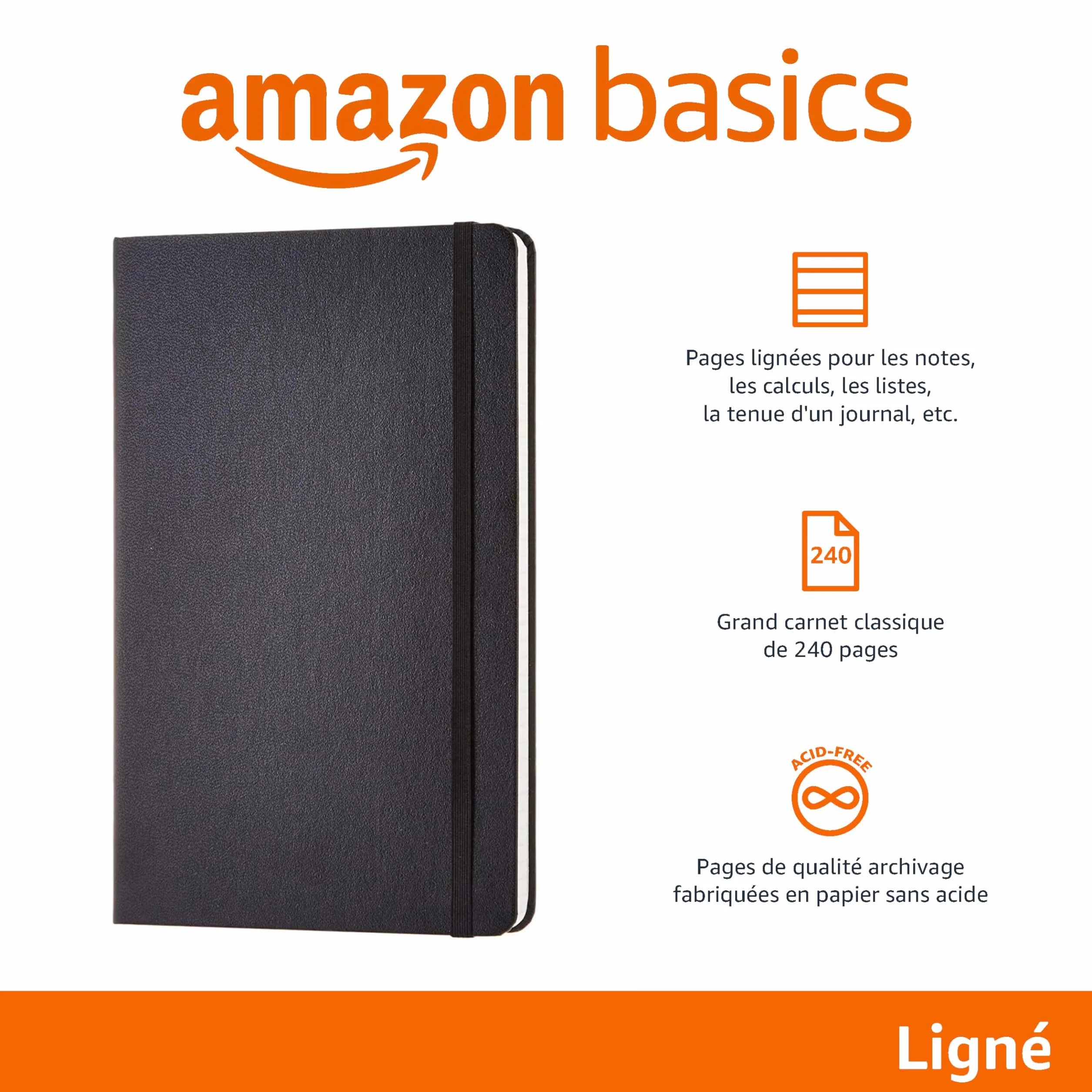 Amazon Basics Carnet classique A5 vierge Grand Format noir
