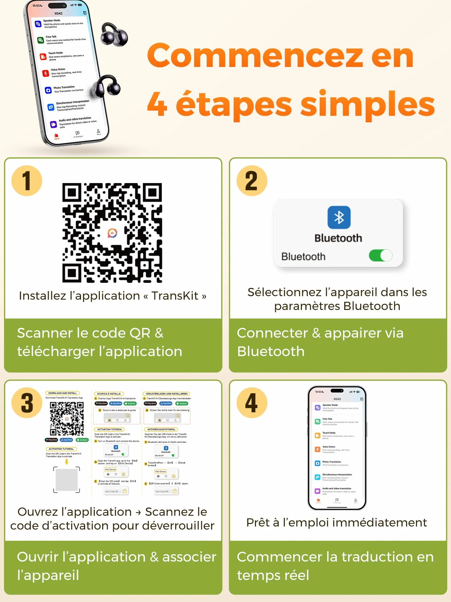 Écouteur Traducteur Vocal Instantané AI 3-En-1 LCD Touchscreen 30H 159 Langues 7 Modes Traduction