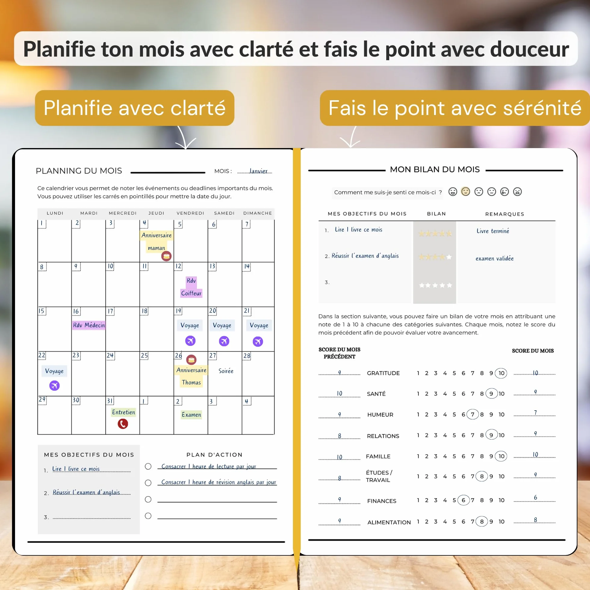 Planner Français de productivité, Semainier, Planning annuel mensuel journalier, agenda non daté, coffret cadeau stickers affirmations positives, to do list, bullet journal pre rempli (4 mois)